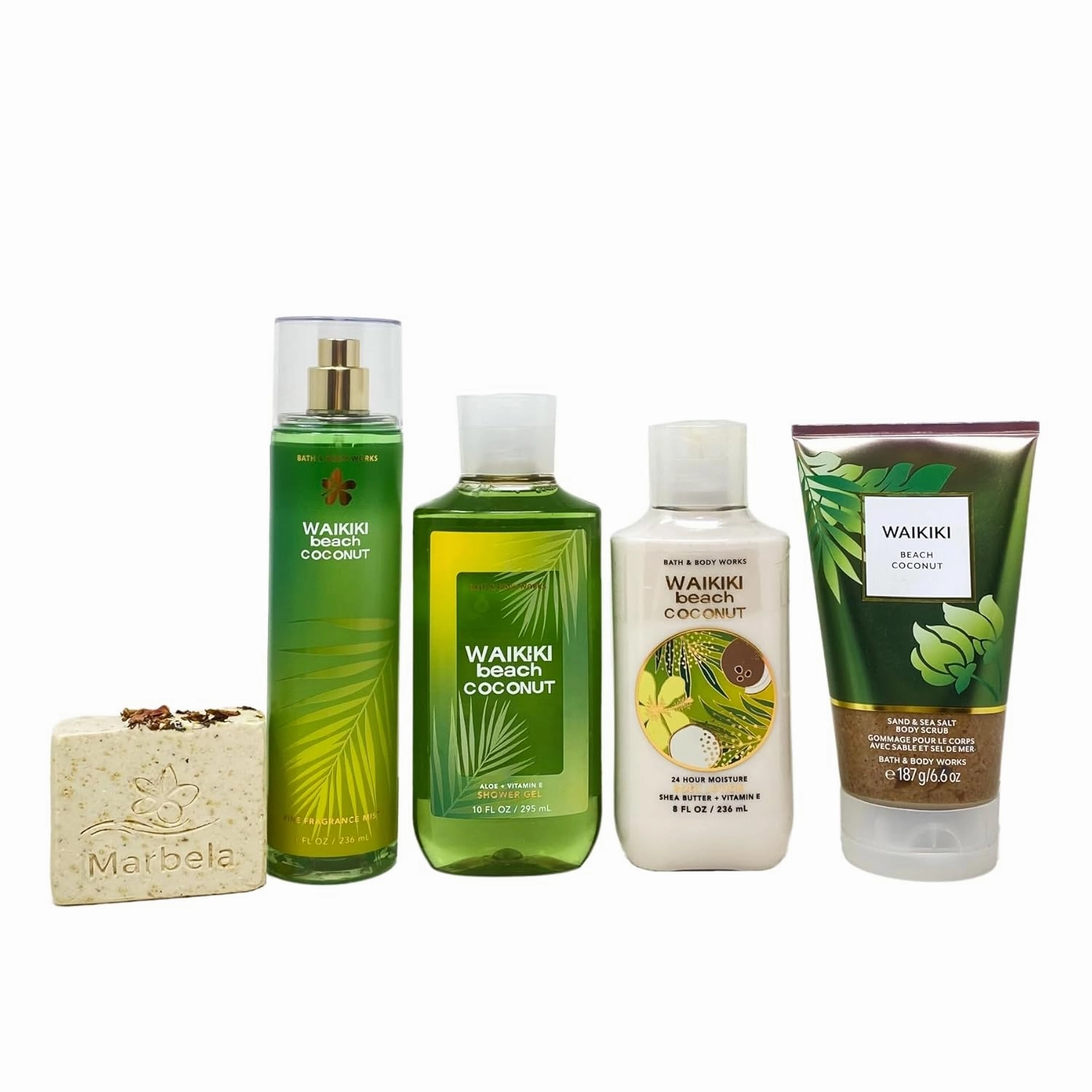 Bath & Body Works Waikiki Beach Coconut Gift Set - Fragrance Mist - Body Lotion - Shower Gel - Body Scrub - with a Creamy Rose Bar Soap - Lot of 5