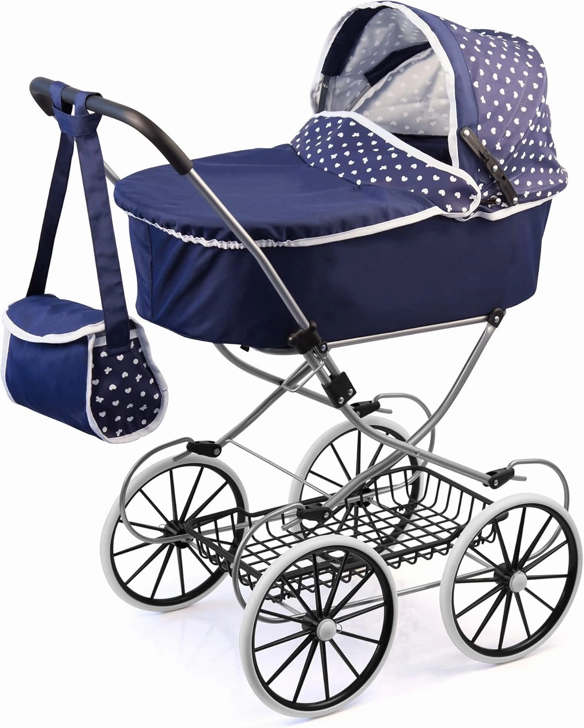 Bayer Design Dolls: Classic Deluxe Pram - Blue &White - Includes Shoulder Bag, Kids Pretend Play, Fits Dolls Up to 18", Shopping Basket, Easy to Fold, Ages 3 