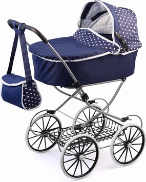 Bayer Design Dolls: Classic Deluxe Pram - Blue &White - Includes Shoulder Bag, Kids Pretend Play, Fits Dolls Up to 18", Shopping Basket, Easy to Fold, Ages 3 