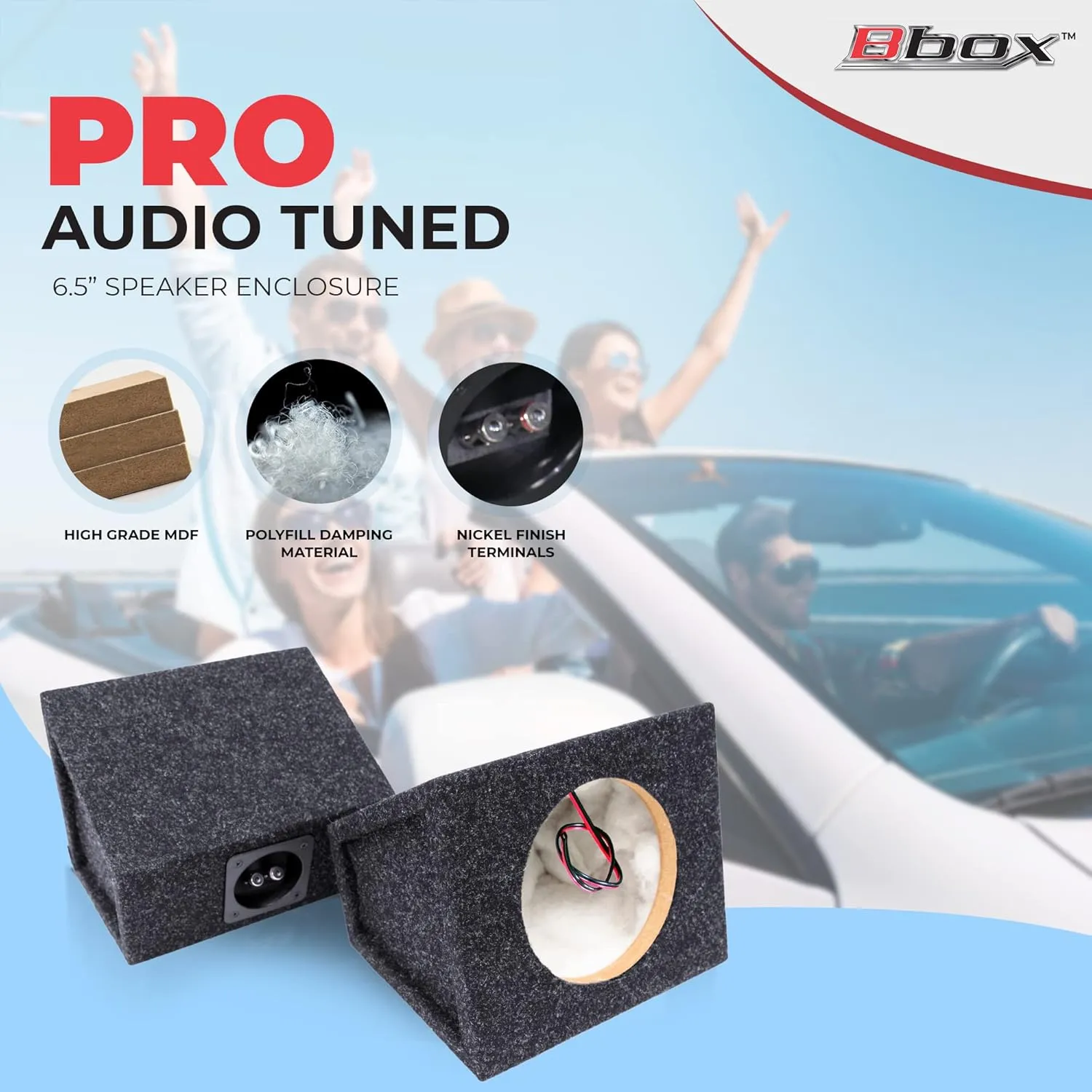 Bbox Pro Audio Tuned 6.5" Speaker Enclosures - Premium Speakers to Enhance Sound and Bass - Nickel Finish Speaker Terminals for Car or Truck - 18 Gauge Audio Cables - Speaker Set of 2 (Charcoal)