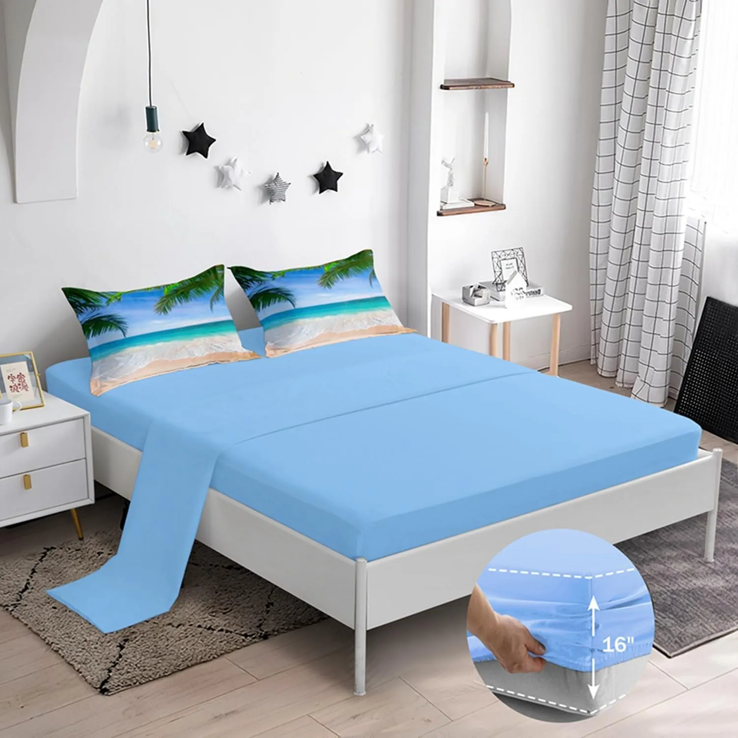 BDUCOK Ocean Comforter Twin Size 5 Pieces Beach Bed in a Bag Set Tropical Palm Tree Hawaii Ocean Blue Comforter Set Sunny Beach Coastal Nature Theme All Season Comforter Set Ocean 3003-Twin 5Pcs