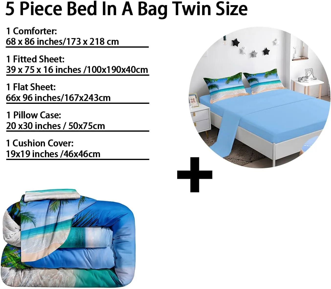 BDUCOK Ocean Comforter Twin Size 5 Pieces Beach Bed in a Bag Set Tropical Palm Tree Hawaii Ocean Blue Comforter Set Sunny Beach Coastal Nature Theme All Season Comforter Set Ocean 3003-Twin 5Pcs
