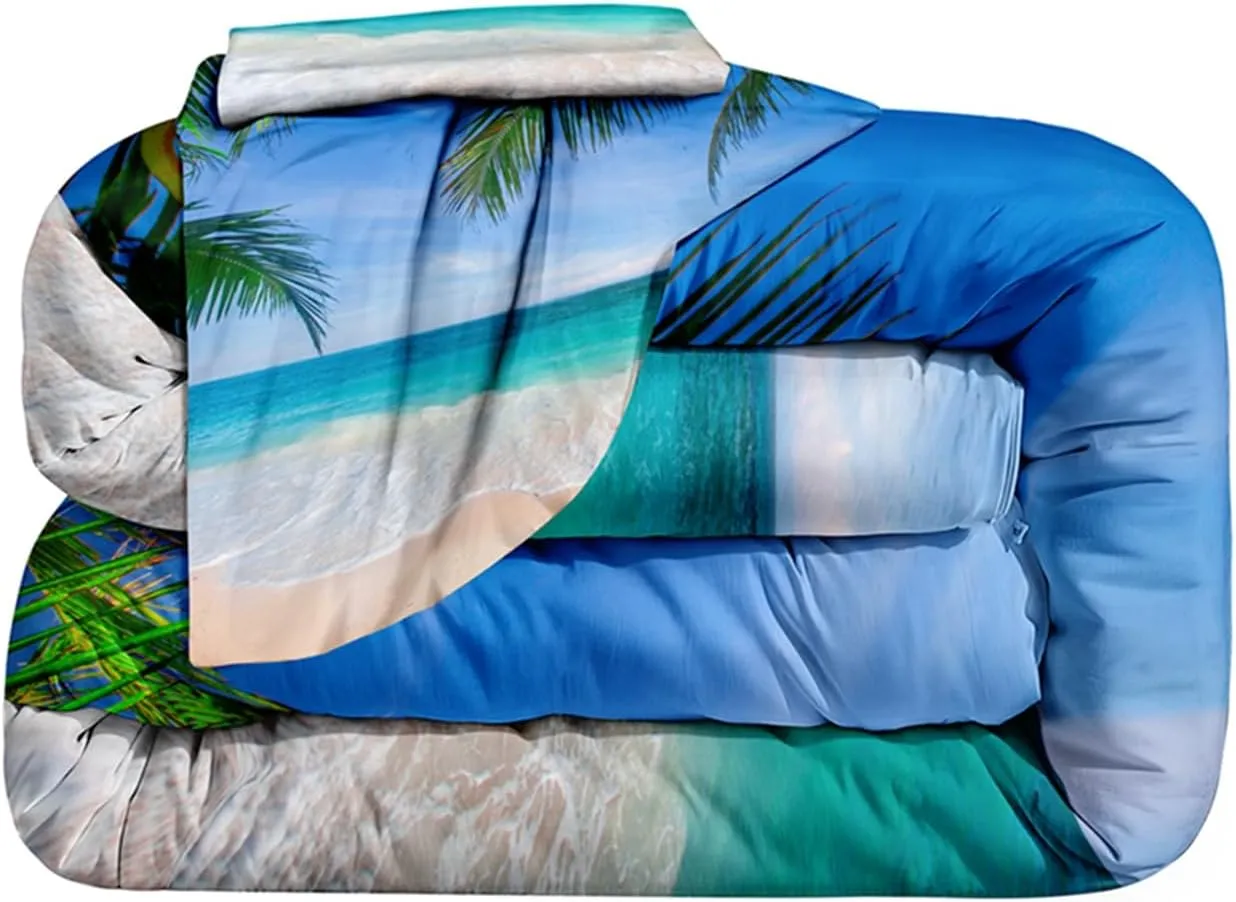 BDUCOK Ocean Comforter Twin Size 5 Pieces Beach Bed in a Bag Set Tropical Palm Tree Hawaii Ocean Blue Comforter Set Sunny Beach Coastal Nature Theme All Season Comforter Set Ocean 3003-Twin 5Pcs