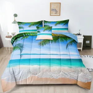BDUCOK Ocean Comforter Twin Size 5 Pieces Beach Bed in a Bag Set Tropical Palm Tree Hawaii Ocean Blue Comforter Set Sunny Beach Coastal Nature Theme All Season Comforter Set Ocean 3003-Twin 5Pcs