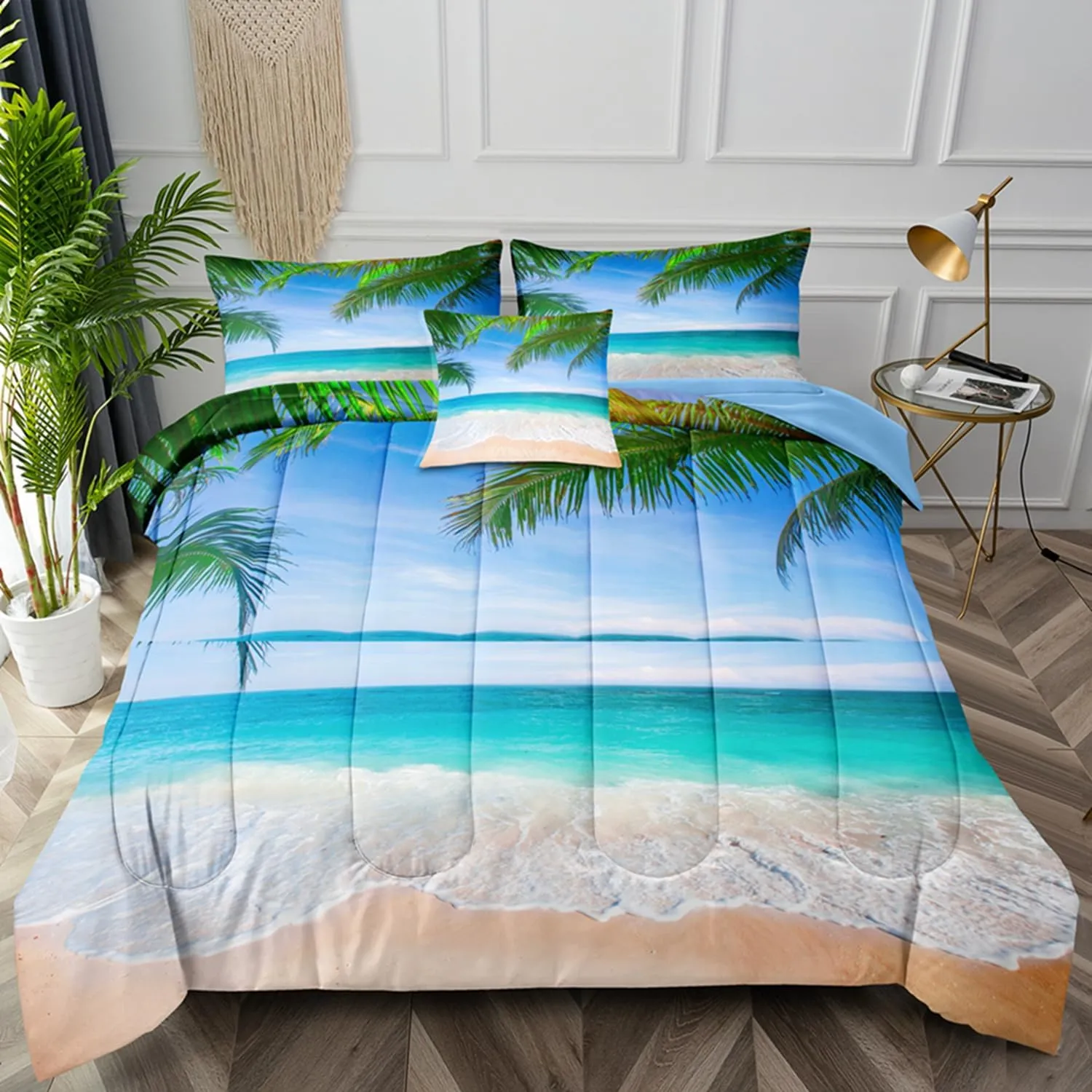 BDUCOK Ocean Comforter Twin Size 5 Pieces Beach Bed in a Bag Set Tropical Palm Tree Hawaii Ocean Blue Comforter Set Sunny Beach Coastal Nature Theme All Season Comforter Set Ocean 3003-Twin 5Pcs
