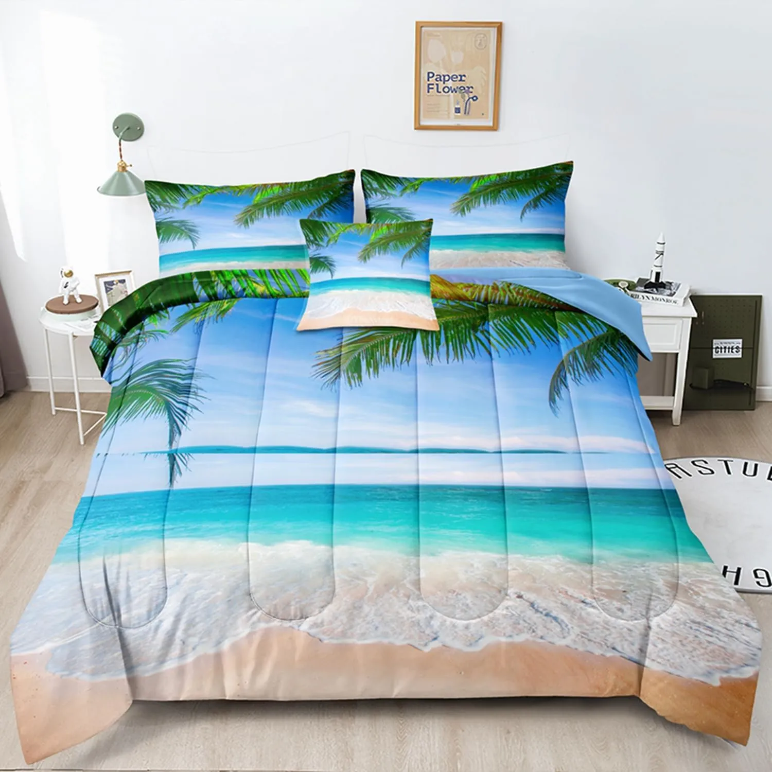 BDUCOK Ocean Comforter Twin Size 5 Pieces Beach Bed in a Bag Set Tropical Palm Tree Hawaii Ocean Blue Comforter Set Sunny Beach Coastal Nature Theme All Season Comforter Set Ocean 3003-Twin 5Pcs