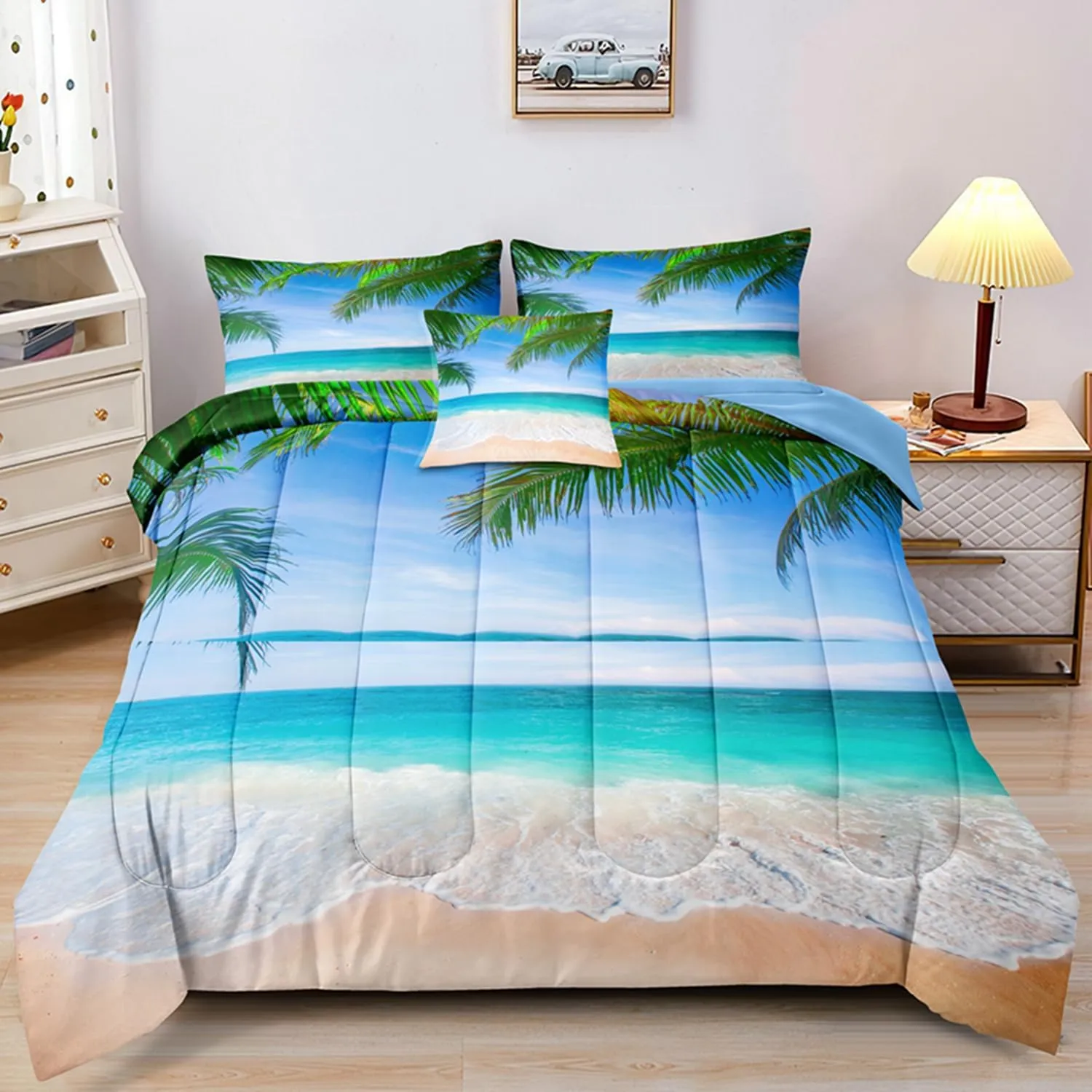 BDUCOK Ocean Comforter Twin Size 5 Pieces Beach Bed in a Bag Set Tropical Palm Tree Hawaii Ocean Blue Comforter Set Sunny Beach Coastal Nature Theme All Season Comforter Set Ocean 3003-Twin 5Pcs