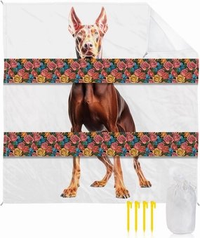 Beach Blanket Sandproof, Pet Dog Ears Overlay Retro Flower Stripes Waterproof Beach Mat Lightweight Quick Drying Picnic Blanket Beach Essentials for Travel Camping Hiking 95x80in