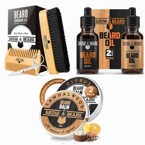 Beard Grooming Kit for Men - Beard Brush & Comb Set, Mustache Scissors, Beard Balm 2-Pack, Beard Oil 2-Pack, Natural Care for Softening, Styling & Growth, Great Gift Set