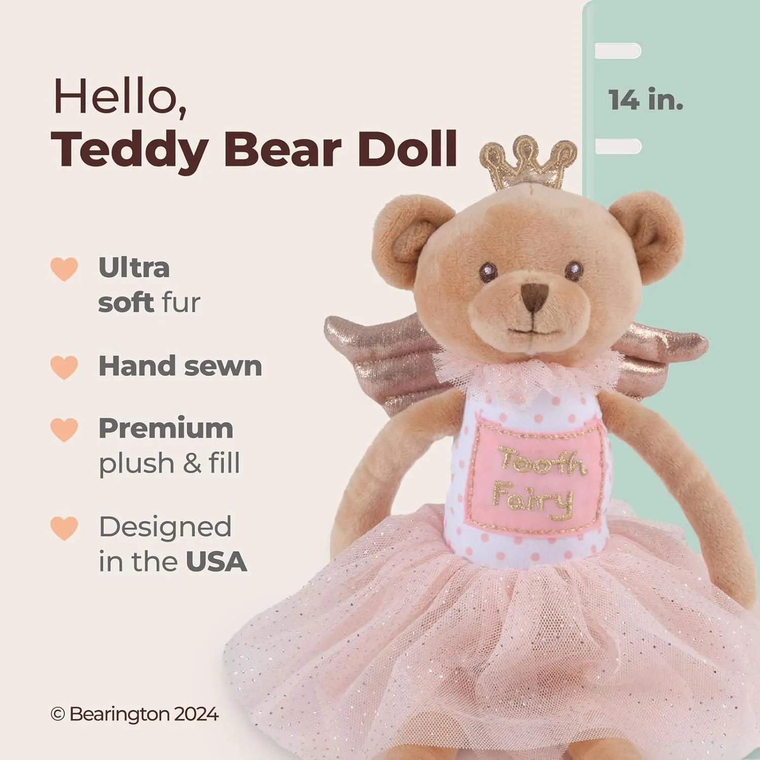 Bearington Sparkles Soft Plush Teddy Bear Tooth Fairy Doll, 14 Inches
