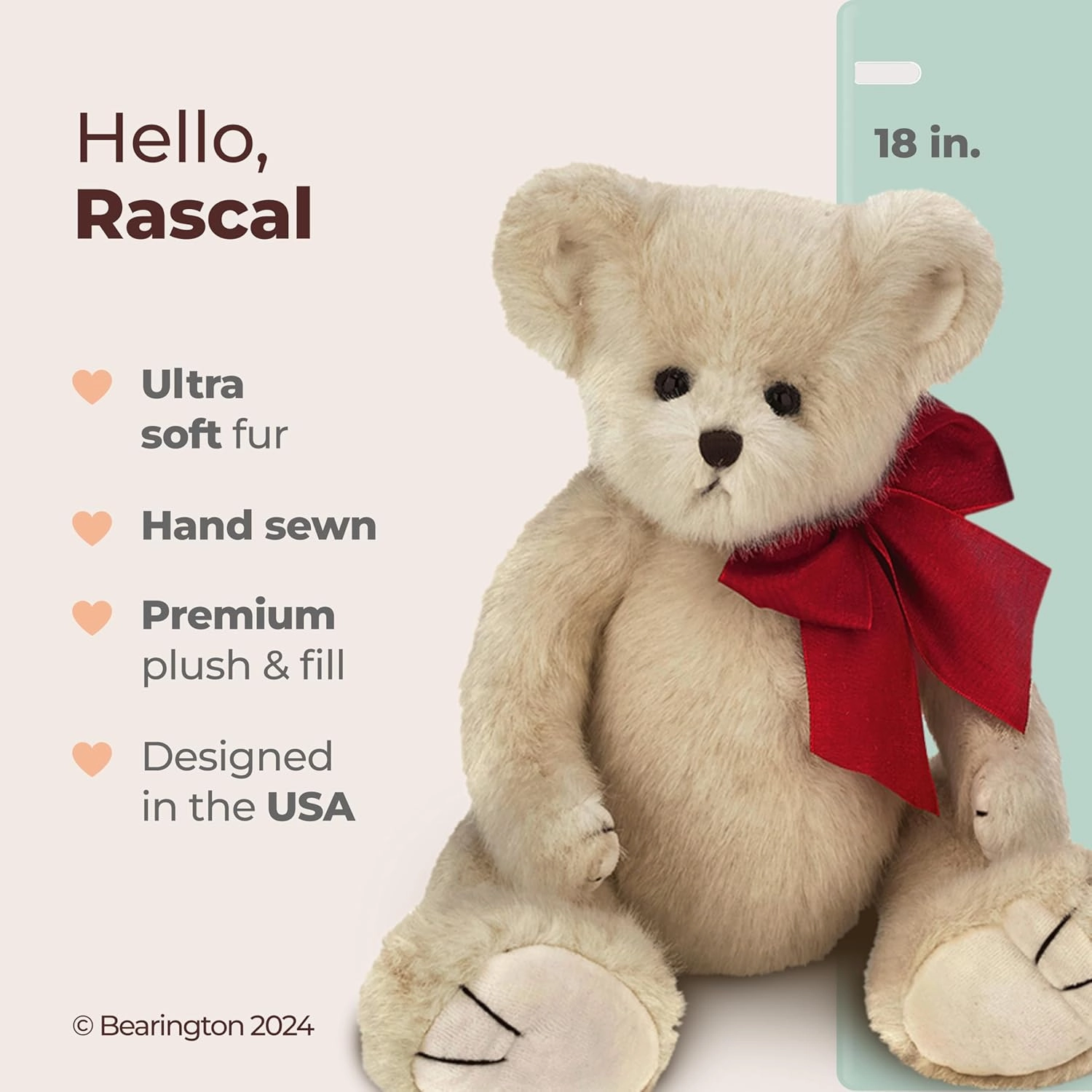 Bearington Rascal, 18 Inch White Teddy Bear Stuffed Animal, Makes a Great Gift for Birthday, Anniversary, Holiday, or Graduation - Stuffed Bear Animal Toy