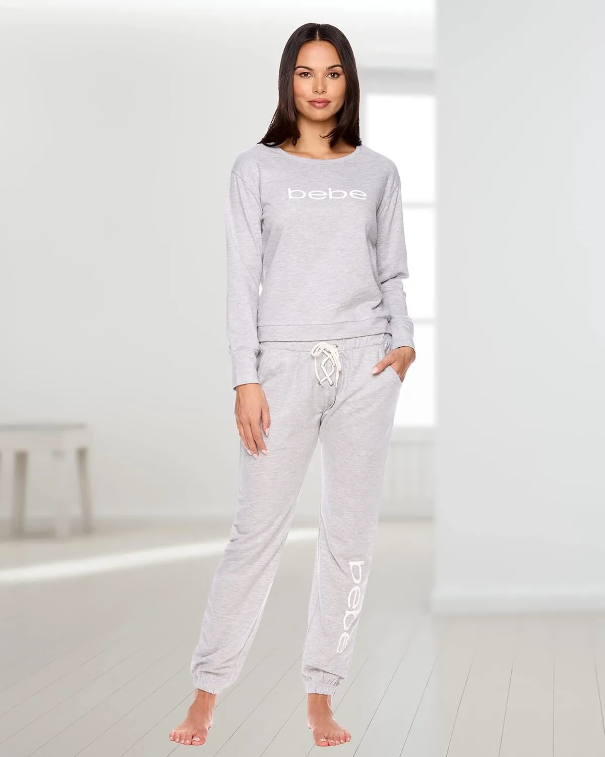 bebe Womens Pajama Sets - French Terry Pajamas Long Sleeve Pullover Top and PJ Pants with Pockets - Sleepwear for Women