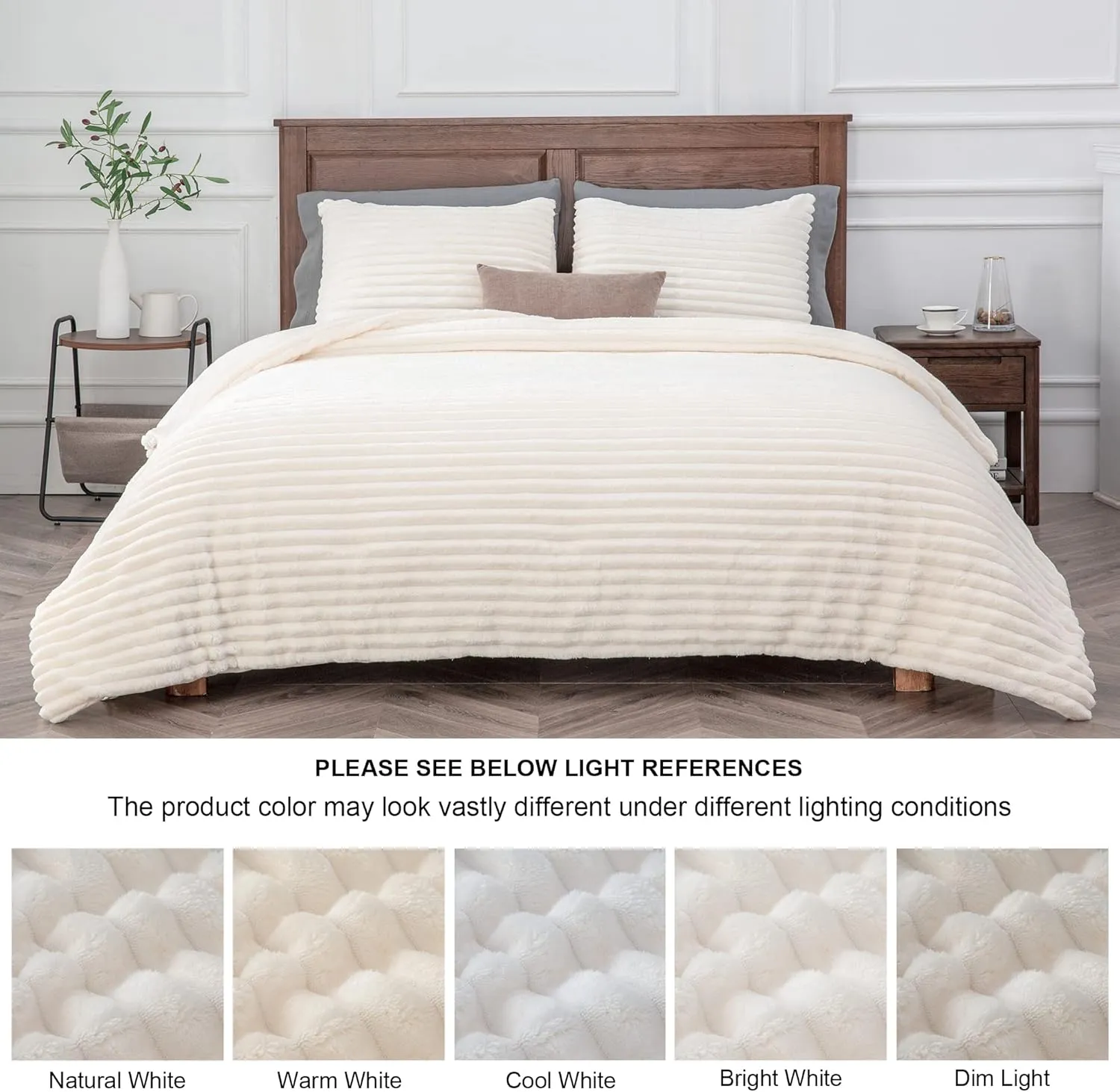 BEDELITE Fleece Queen Comforter Set -Super Soft & Warm Fluffy Cream White Bedding, Luxury Fuzzy Heavy Bed Set for Winter with 2 Pillow Cases