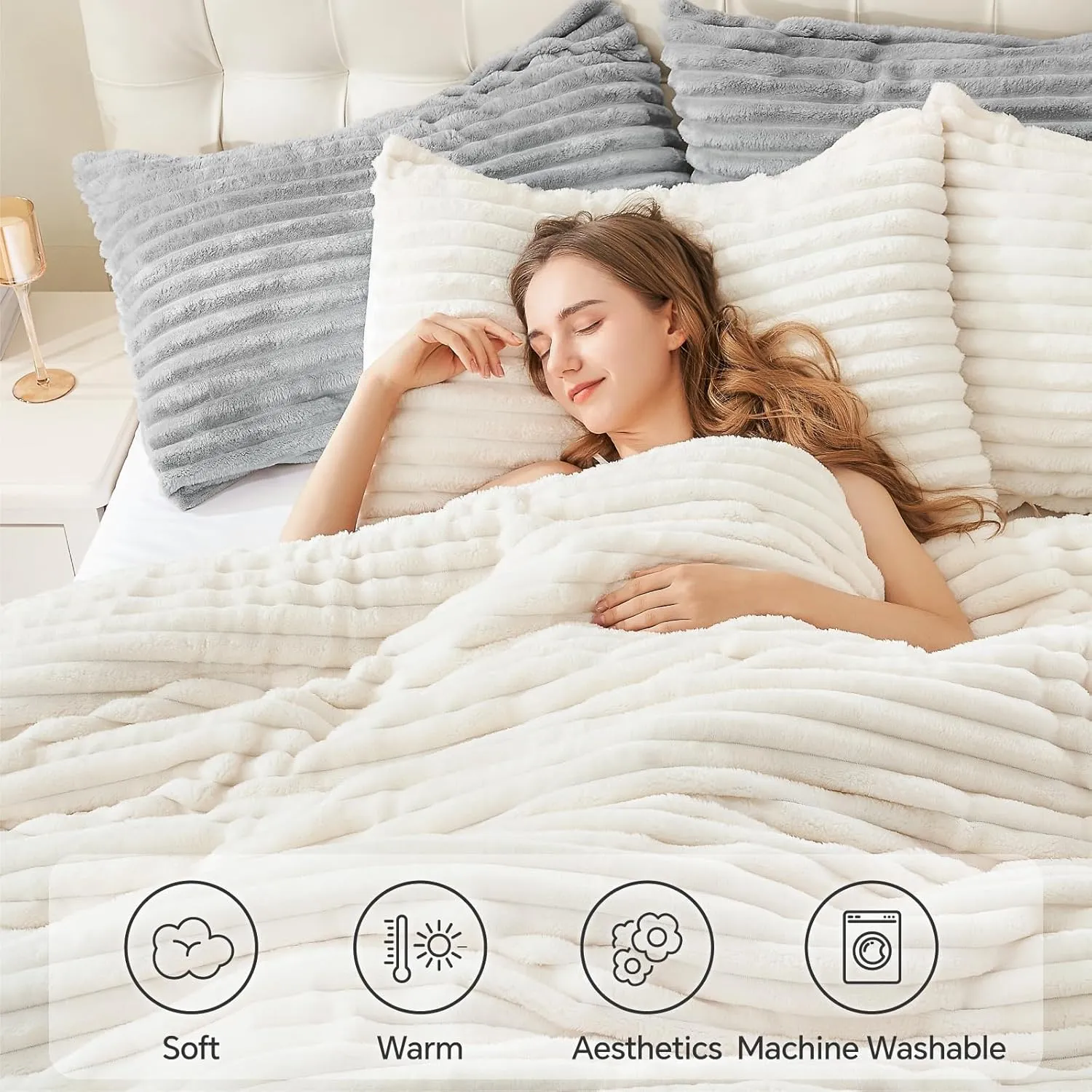BEDELITE Fleece Queen Comforter Set -Super Soft & Warm Fluffy Cream White Bedding, Luxury Fuzzy Heavy Bed Set for Winter with 2 Pillow Cases