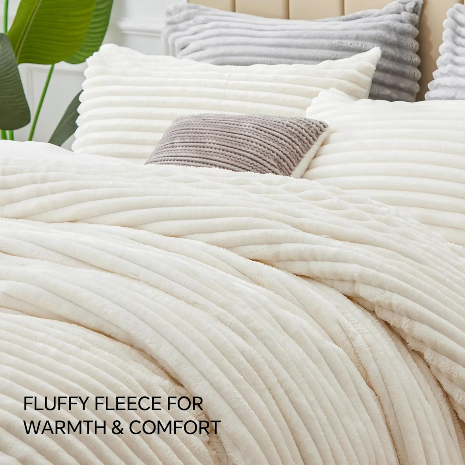 BEDELITE Fleece Queen Comforter Set -Super Soft & Warm Fluffy Cream White Bedding, Luxury Fuzzy Heavy Bed Set for Winter with 2 Pillow Cases