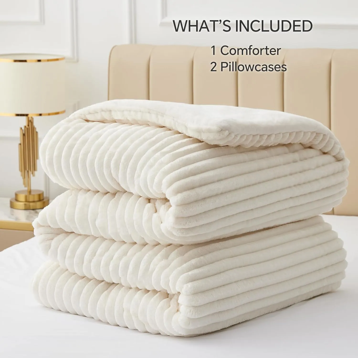 BEDELITE Fleece Queen Comforter Set -Super Soft & Warm Fluffy Cream White Bedding, Luxury Fuzzy Heavy Bed Set for Winter with 2 Pillow Cases