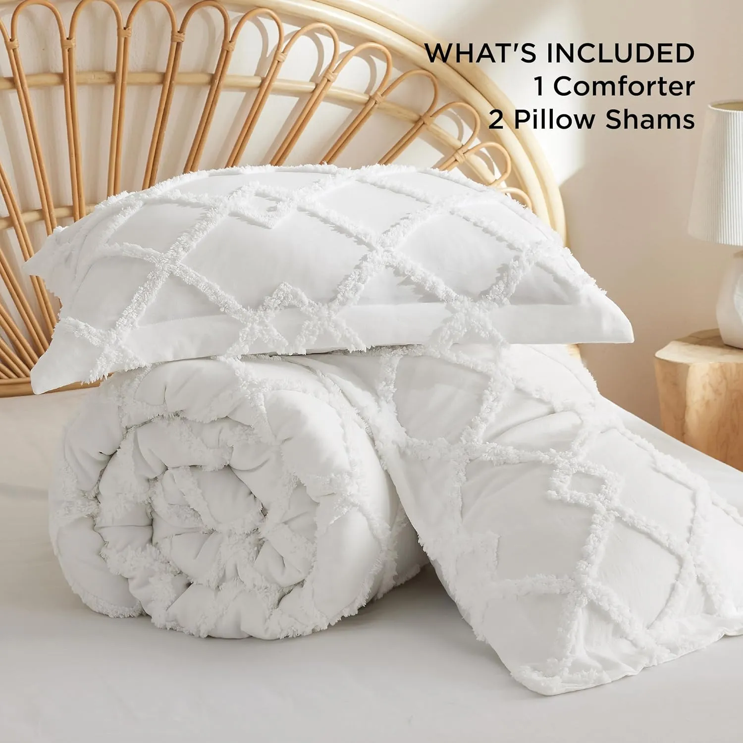 Bedsure Boho Comforter Set Queen - White Tufted Queen Size Comforter, 3 Pieces Farmhouse Shabby Chic Embroidery Bed Set, Soft Fluffy Geometric Pattern Bedding for All Seasons