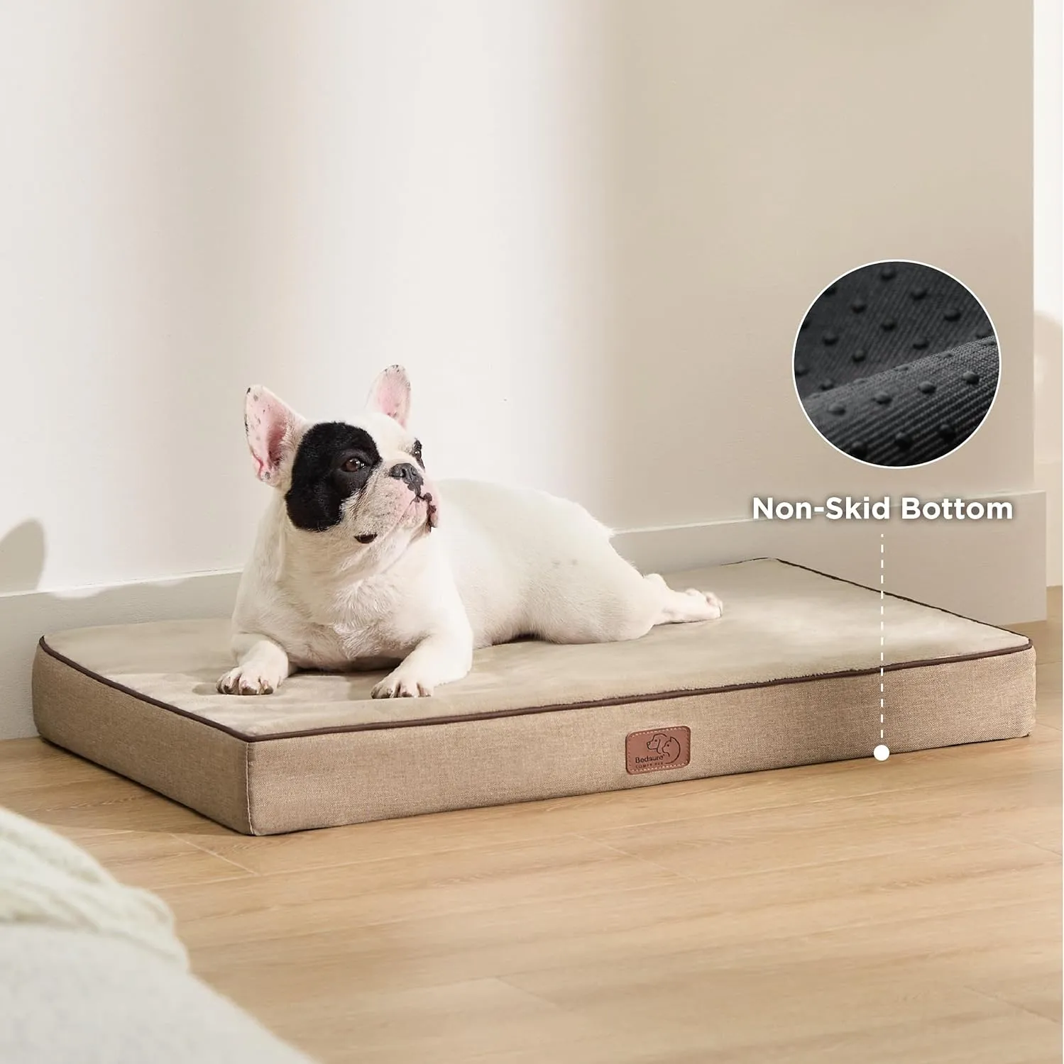 Bedsure Memory Foam Dog Bed Medium Size Dogs- Orthopedic Waterproof Pet Beds for Crate with Removable Washable Water-Resistant Cover and Nonskid Bottom - Plush Flannel Fleece Top Pet Mat, Khaki