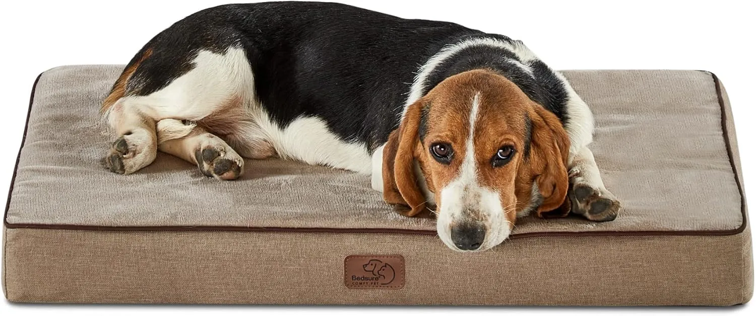 Bedsure Memory Foam Dog Bed Medium Size Dogs- Orthopedic Waterproof Pet Beds for Crate with Removable Washable Water-Resistant Cover and Nonskid Bottom - Plush Flannel Fleece Top Pet Mat, Khaki