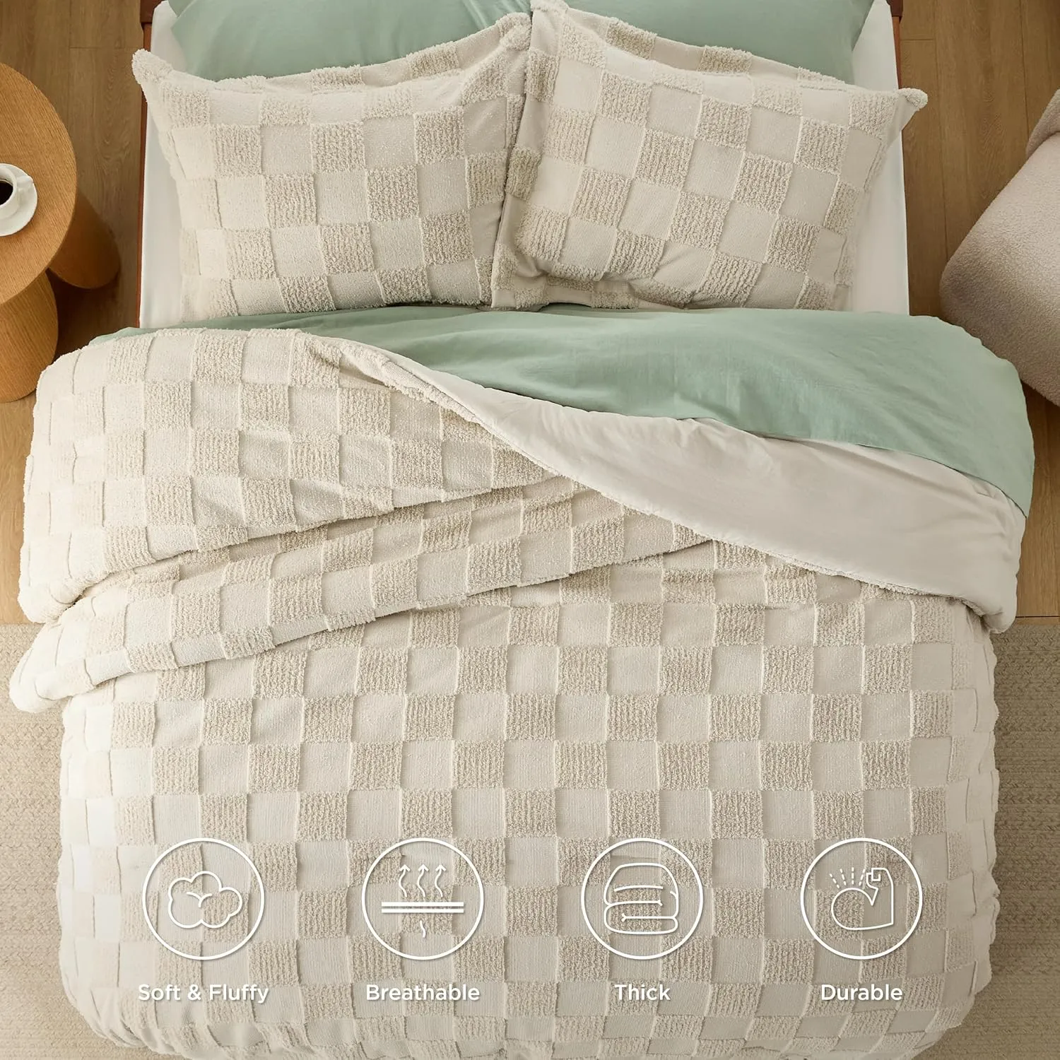 Bedsure Queen Size Comforter Set Olive Green, Boho Tufted Bed Set, Checkered Farmhouse Shabby Chic Bedding, 3 Pieces, 1 Plaid Geometric Comforter and 2 Pillow Shams