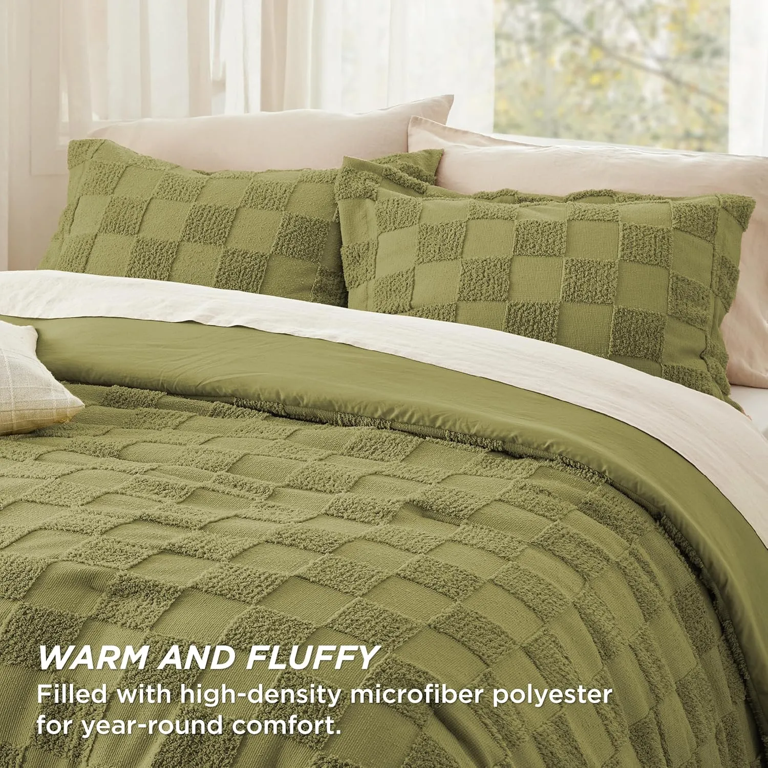 Bedsure Queen Size Comforter Set Olive Green, Boho Tufted Bed Set, Checkered Farmhouse Shabby Chic Bedding, 3 Pieces, 1 Plaid Geometric Comforter and 2 Pillow Shams