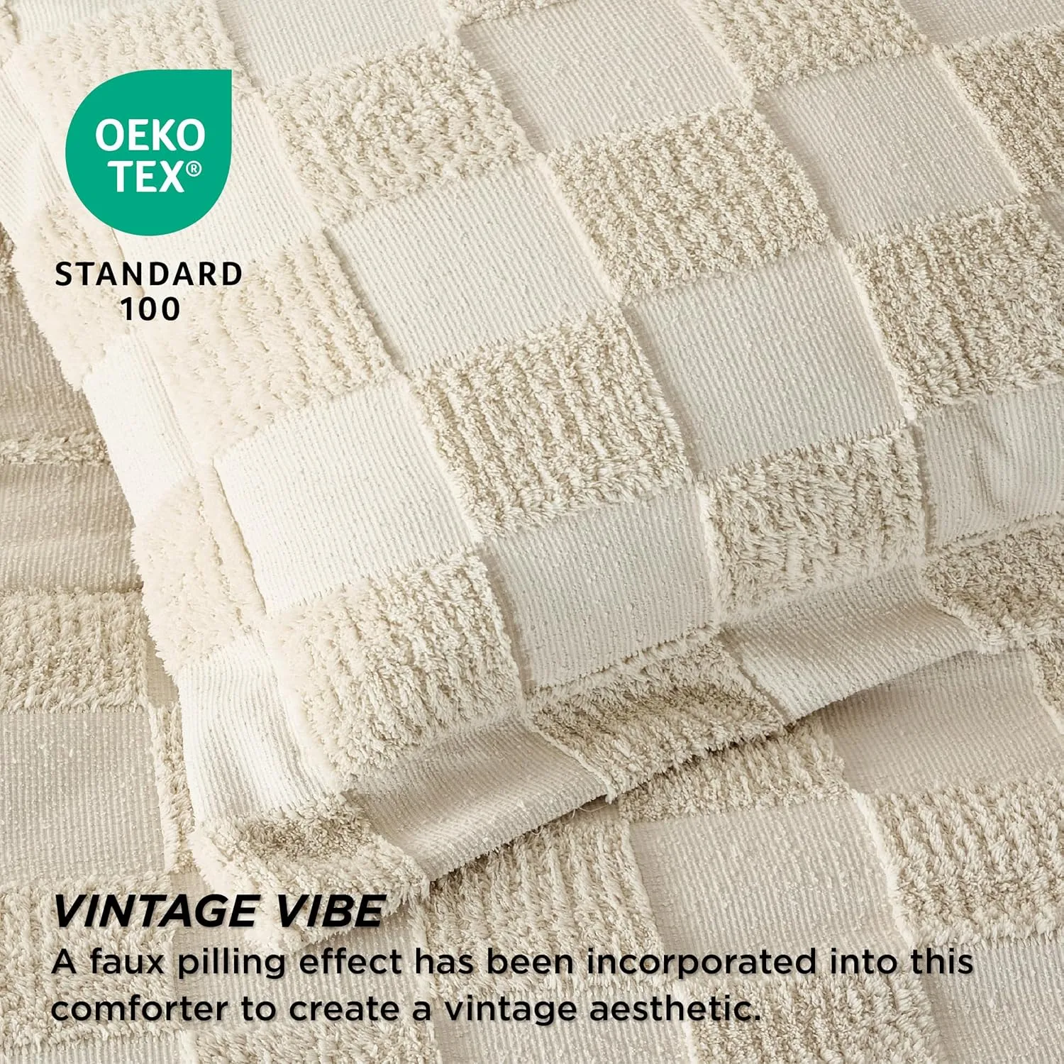 Bedsure Queen Size Comforter Set Olive Green, Boho Tufted Bed Set, Checkered Farmhouse Shabby Chic Bedding, 3 Pieces, 1 Plaid Geometric Comforter and 2 Pillow Shams
