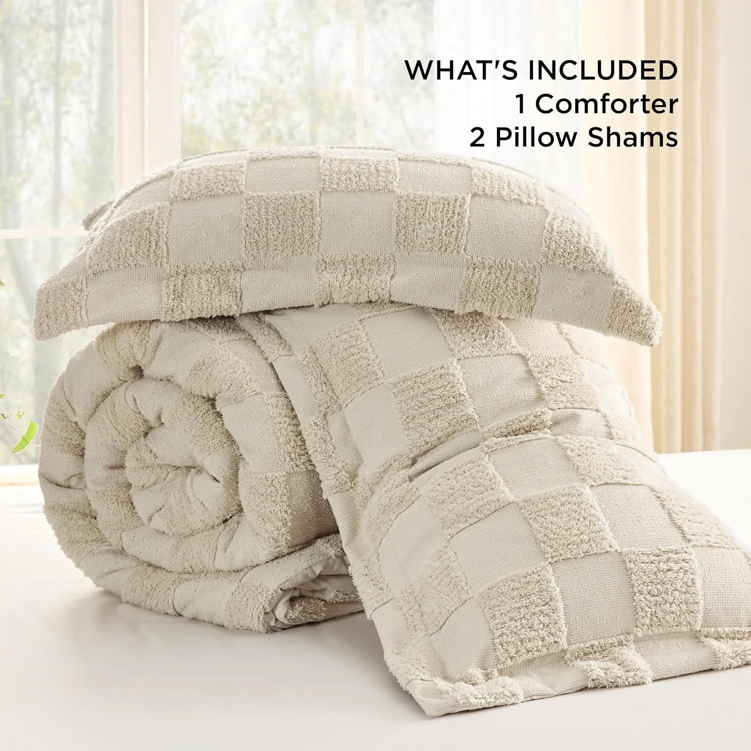 Bedsure Queen Size Comforter Set Olive Green, Boho Tufted Bed Set, Checkered Farmhouse Shabby Chic Bedding, 3 Pieces, 1 Plaid Geometric Comforter and 2 Pillow Shams