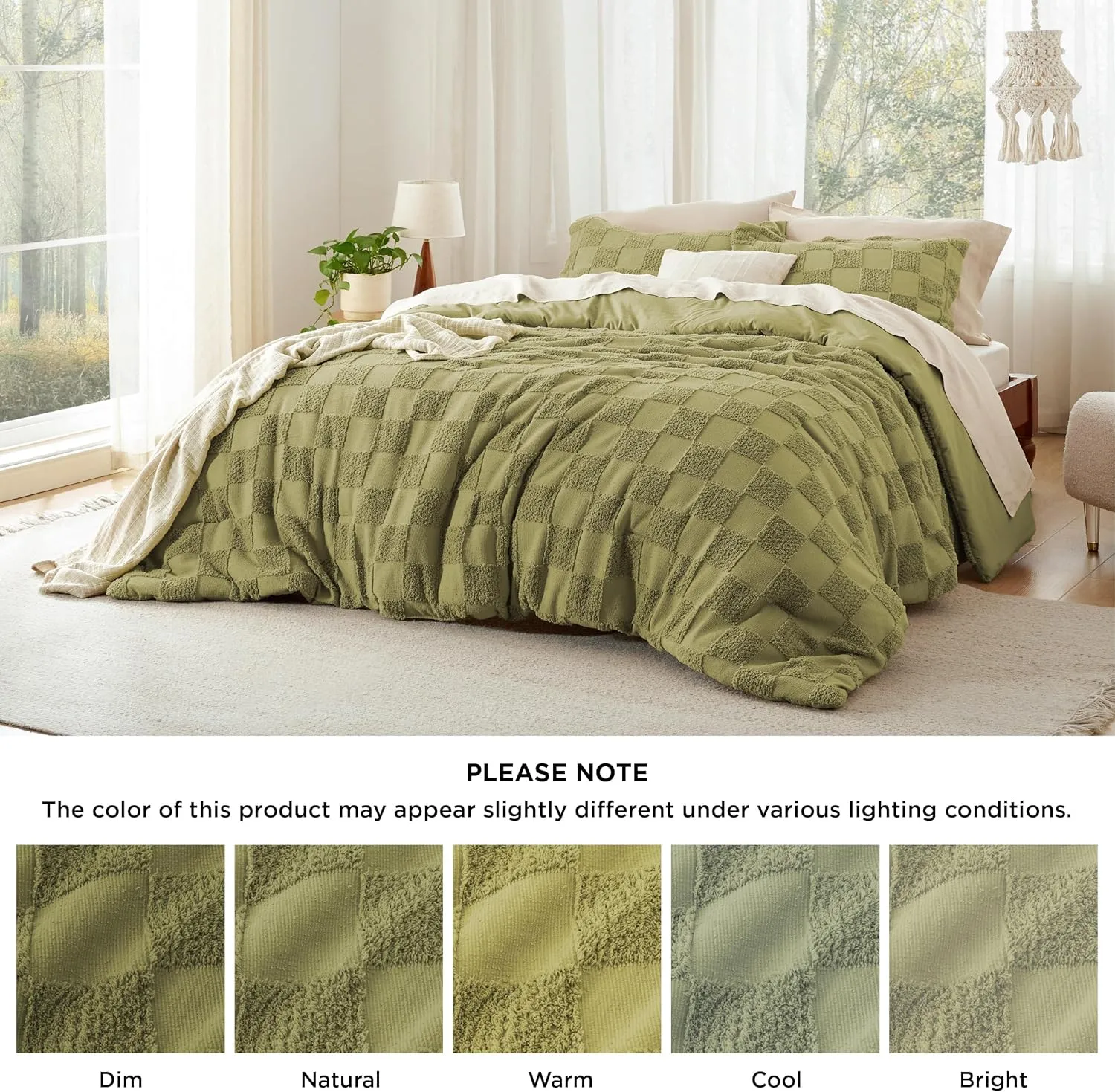 Bedsure Queen Size Comforter Set Olive Green, Boho Tufted Bed Set, Checkered Farmhouse Shabby Chic Bedding, 3 Pieces, 1 Plaid Geometric Comforter and 2 Pillow Shams