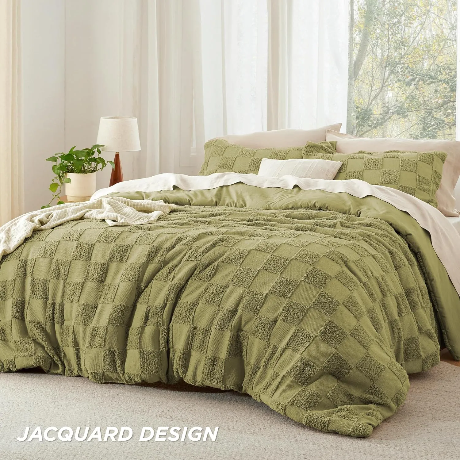 Bedsure Queen Size Comforter Set Olive Green, Boho Tufted Bed Set, Checkered Farmhouse Shabby Chic Bedding, 3 Pieces, 1 Plaid Geometric Comforter and 2 Pillow Shams