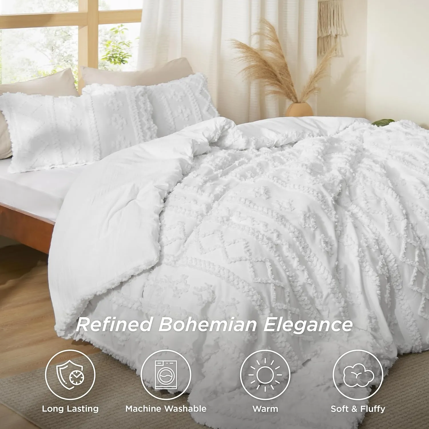 Bedsure Tufted Boho Comforter Set King Size - Bright White Boho Bed Set, GentleSoft™ 3 Pieces Farmhouse Shabby Chic Embroidery Bedding, Gifts for Woman, Soft Jacquard King Comforter for All Seasons
