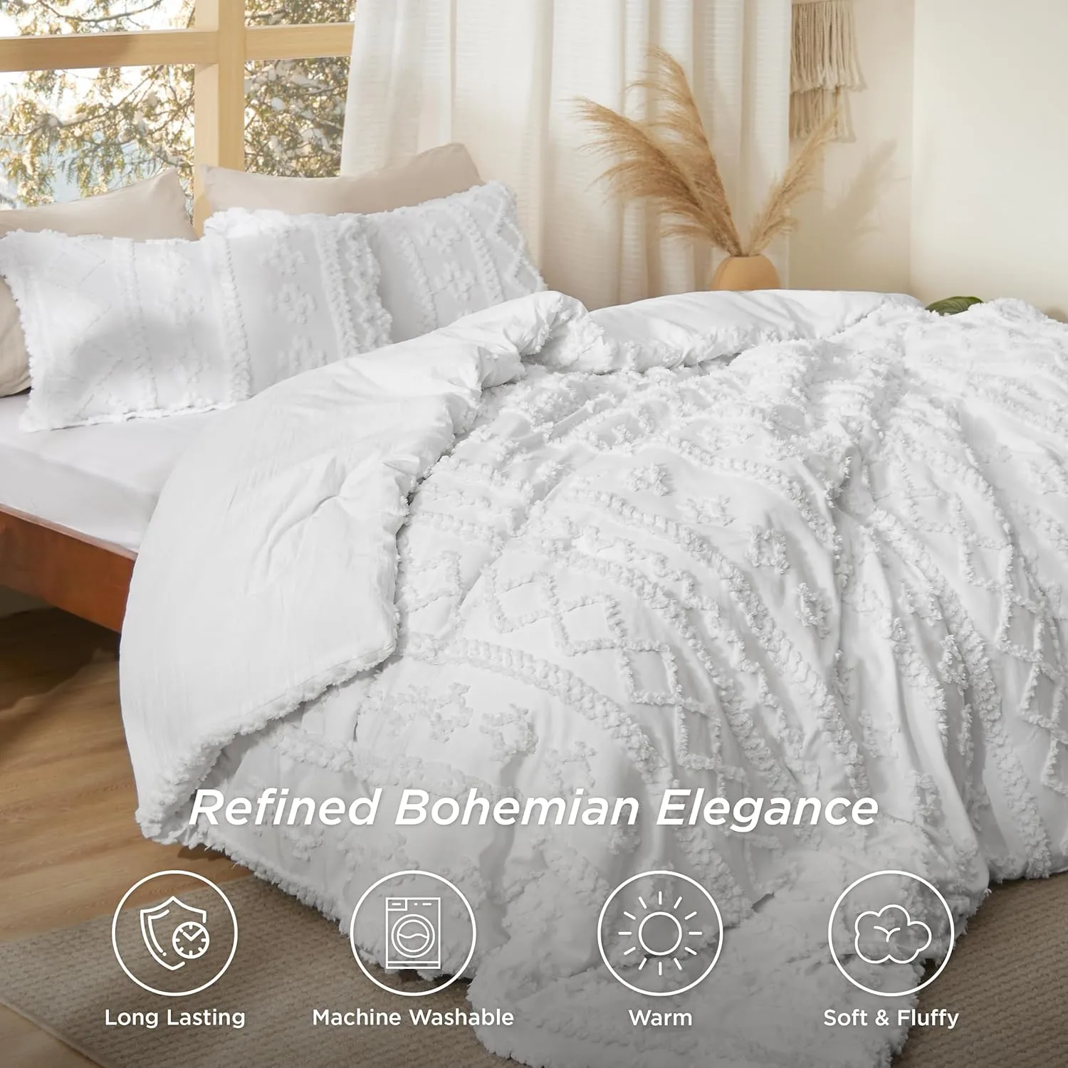 Bedsure Tufted Boho Comforter Set King Size - Bright White Boho Bed Set, GentleSoft™ 3 Pieces Farmhouse Shabby Chic Embroidery Bedding, Gifts for Woman, Soft Jacquard King Comforter for All Seasons