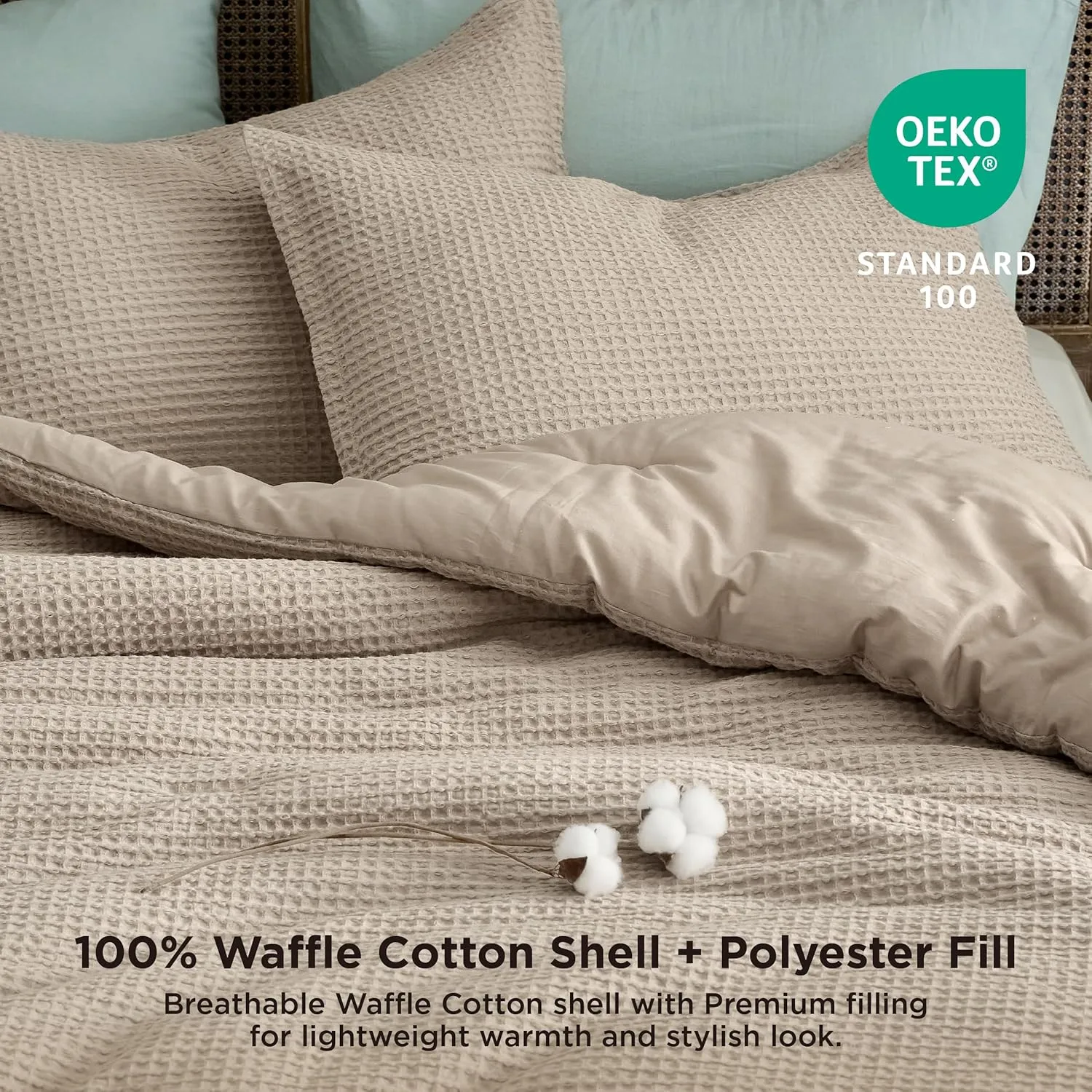 Bedsure Waffle Comforter Set Queen, Khaki Soft Cotton Bedding, Waffle Weave Bed Set, 3 Pieces, 1 Comforter (90"x90") and 2 Pillow Shams, Premium Cotton Cover with Polyester Fill for All Seasons
