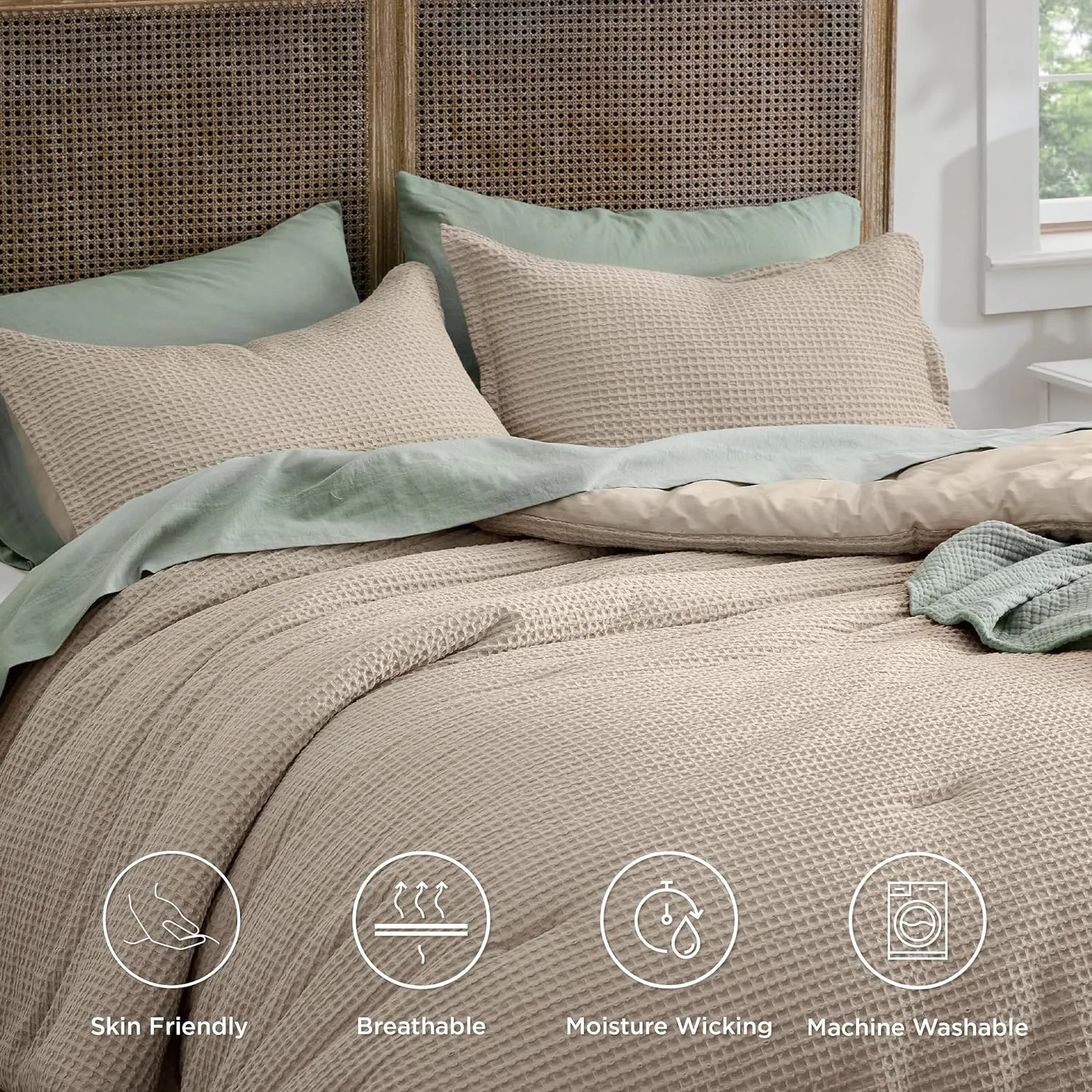 Bedsure Waffle Comforter Set Queen, Khaki Soft Cotton Bedding, Waffle Weave Bed Set, 3 Pieces, 1 Comforter (90"x90") and 2 Pillow Shams, Premium Cotton Cover with Polyester Fill for All Seasons