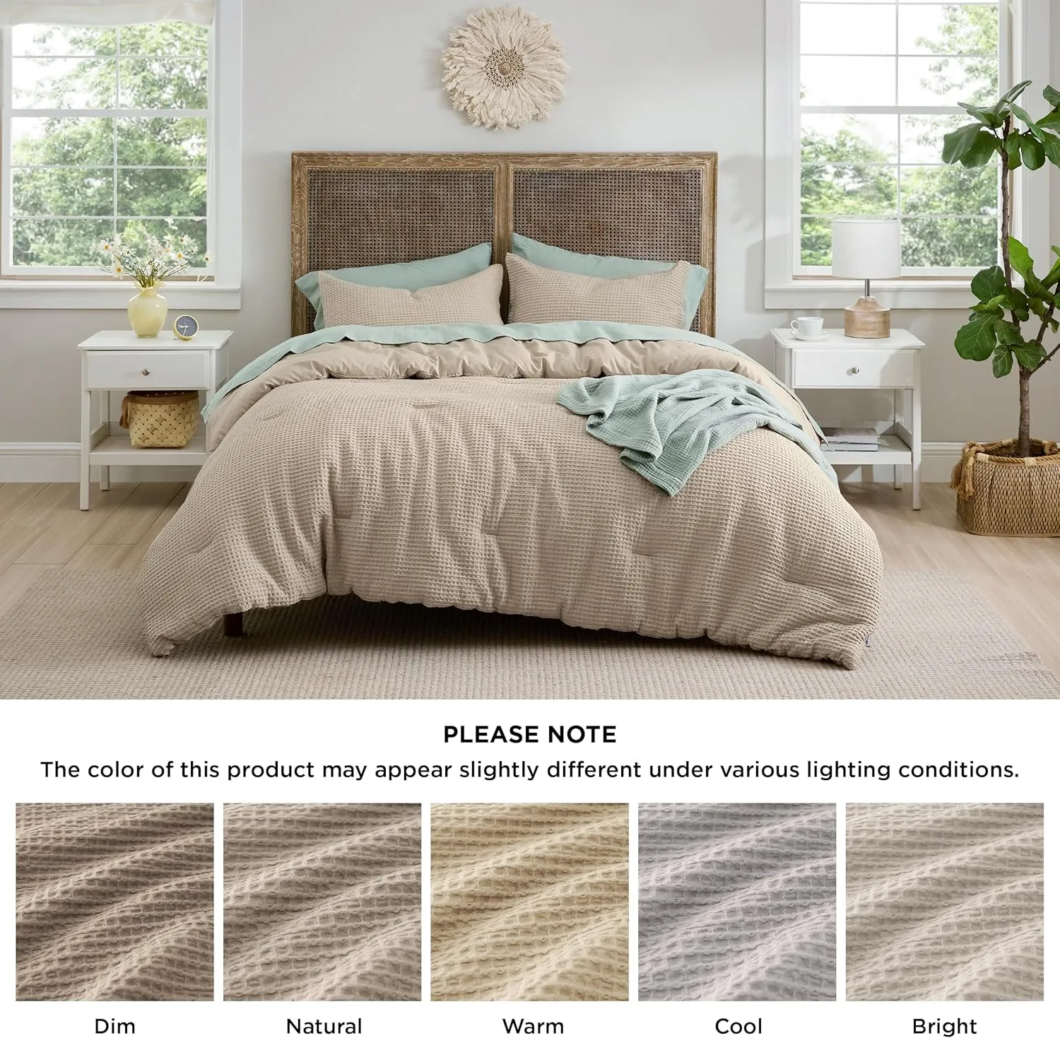 Bedsure Waffle Comforter Set Queen, Khaki Soft Cotton Bedding, Waffle Weave Bed Set, 3 Pieces, 1 Comforter (90"x90") and 2 Pillow Shams, Premium Cotton Cover with Polyester Fill for All Seasons
