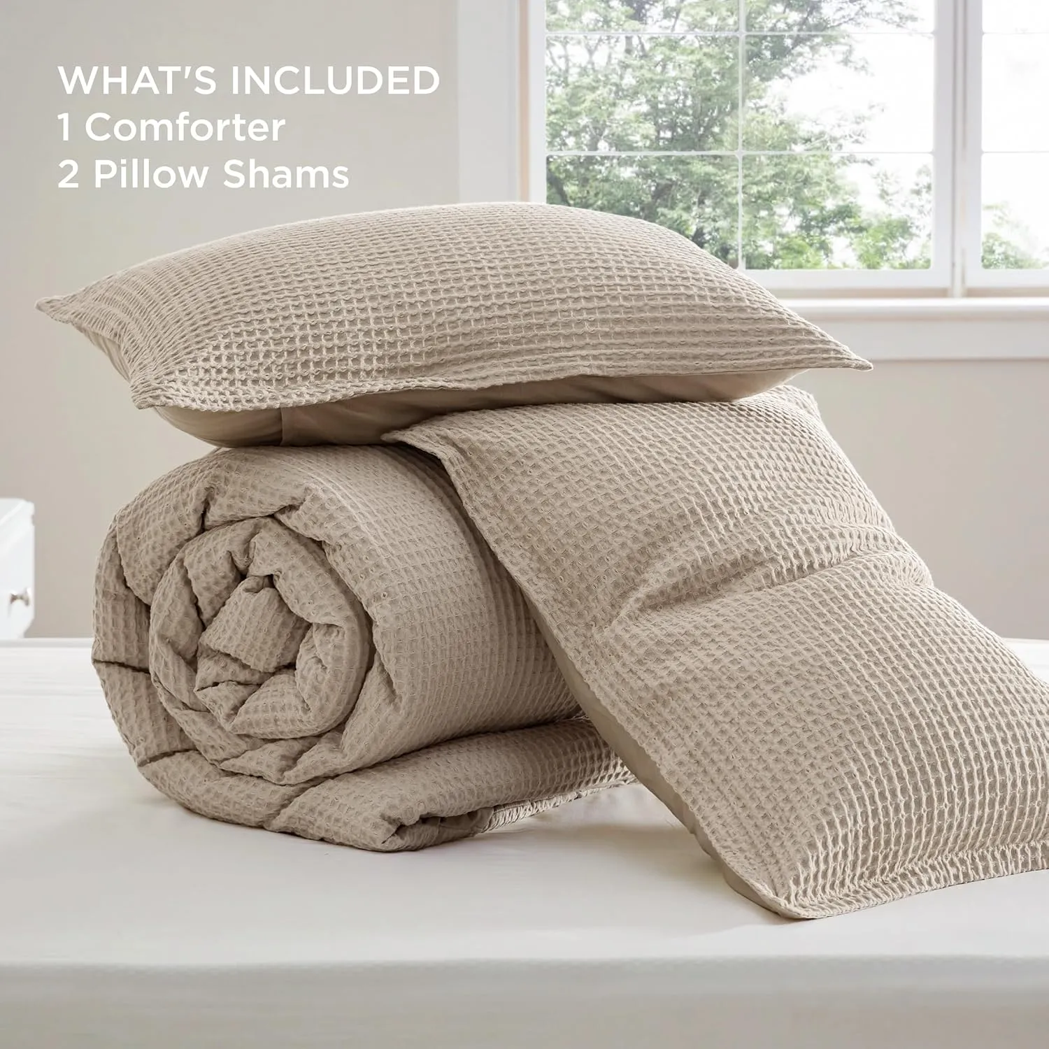 Bedsure Waffle Comforter Set Queen, Khaki Soft Cotton Bedding, Waffle Weave Bed Set, 3 Pieces, 1 Comforter (90"x90") and 2 Pillow Shams, Premium Cotton Cover with Polyester Fill for All Seasons