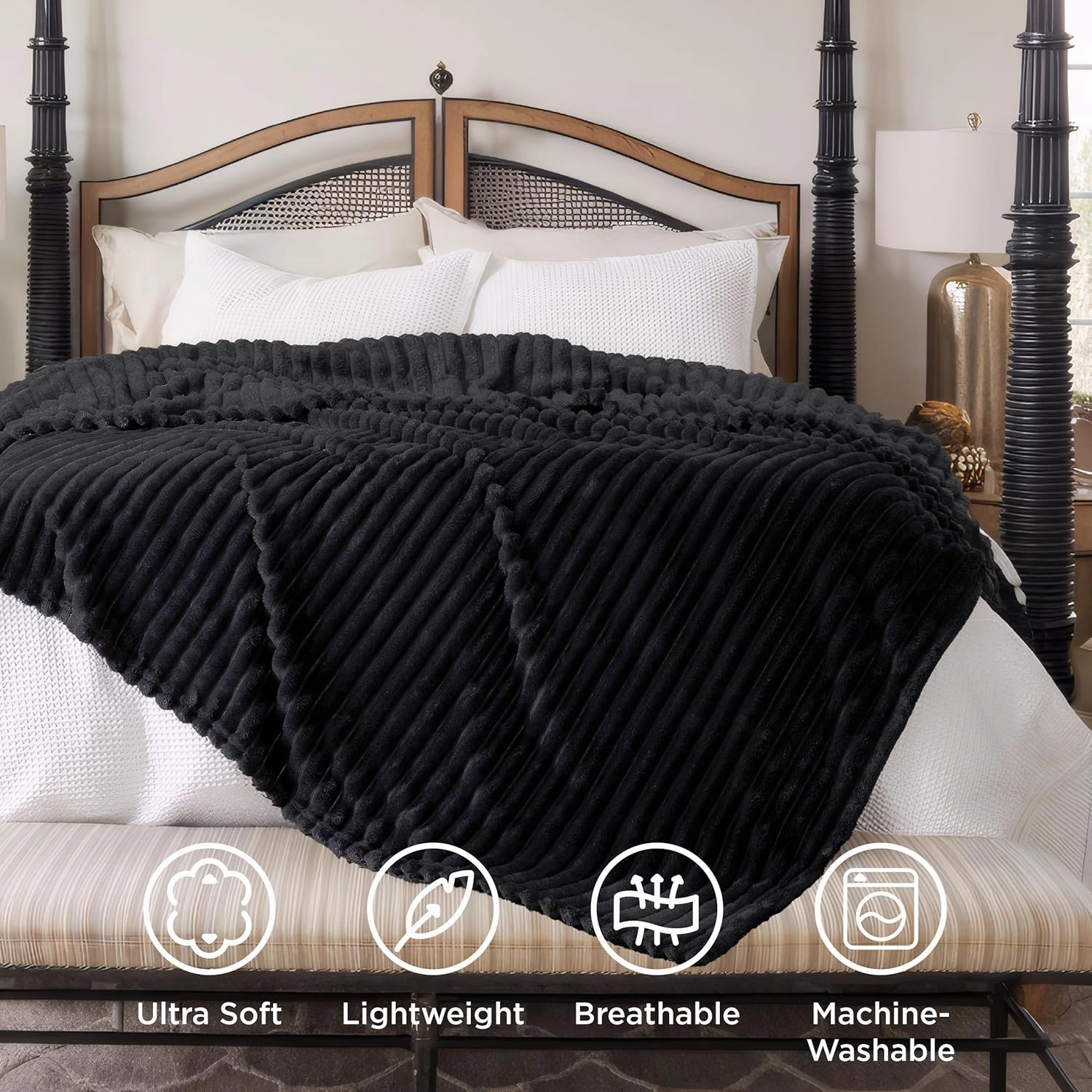 Bedsure Blankets Queen Size for Bed - GentleSoft Cozy Soft Blankets for Women, Cute Large Fleece Throws for Girls, Black, 90x90 Inches