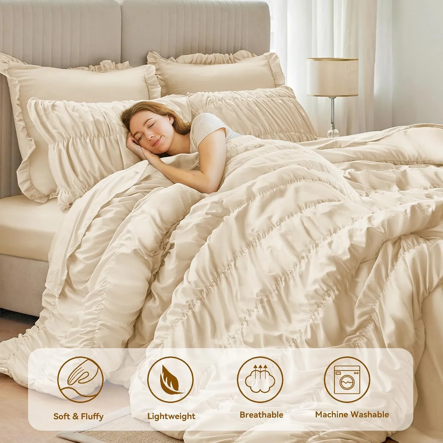 Beige Queen Comforter Set - Boho Fluffy Ruched Bedding Comforter Set with 2 Pillowcases, 3 Pieces Soft Shabby Chic Ruffle Bed Set for All Season