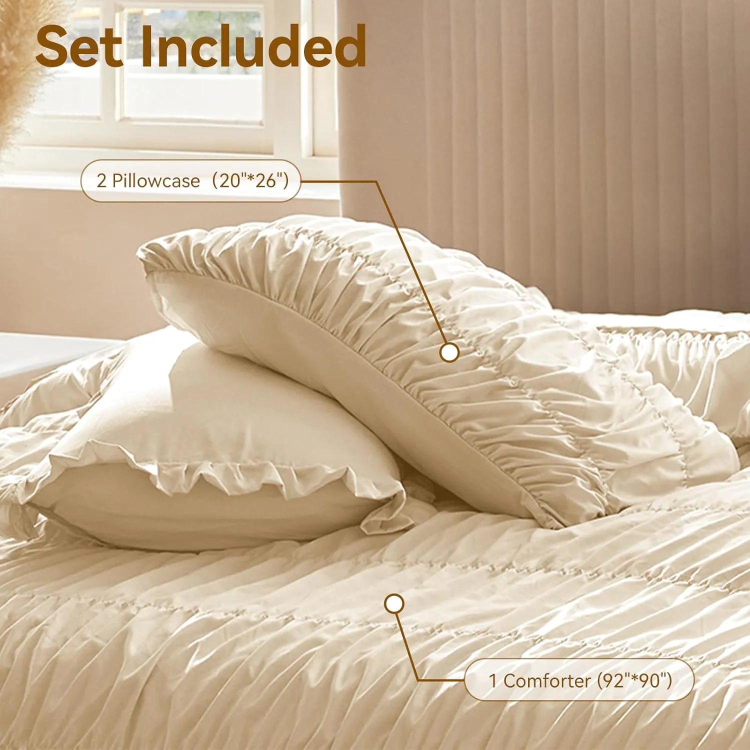 Beige Queen Comforter Set - Boho Fluffy Ruched Bedding Comforter Set with 2 Pillowcases, 3 Pieces Soft Shabby Chic Ruffle Bed Set for All Season