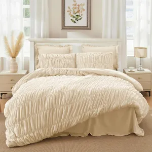 Beige Queen Comforter Set - Boho Fluffy Ruched Bedding Comforter Set with 2 Pillowcases, 3 Pieces Soft Shabby Chic Ruffle Bed Set for All Season