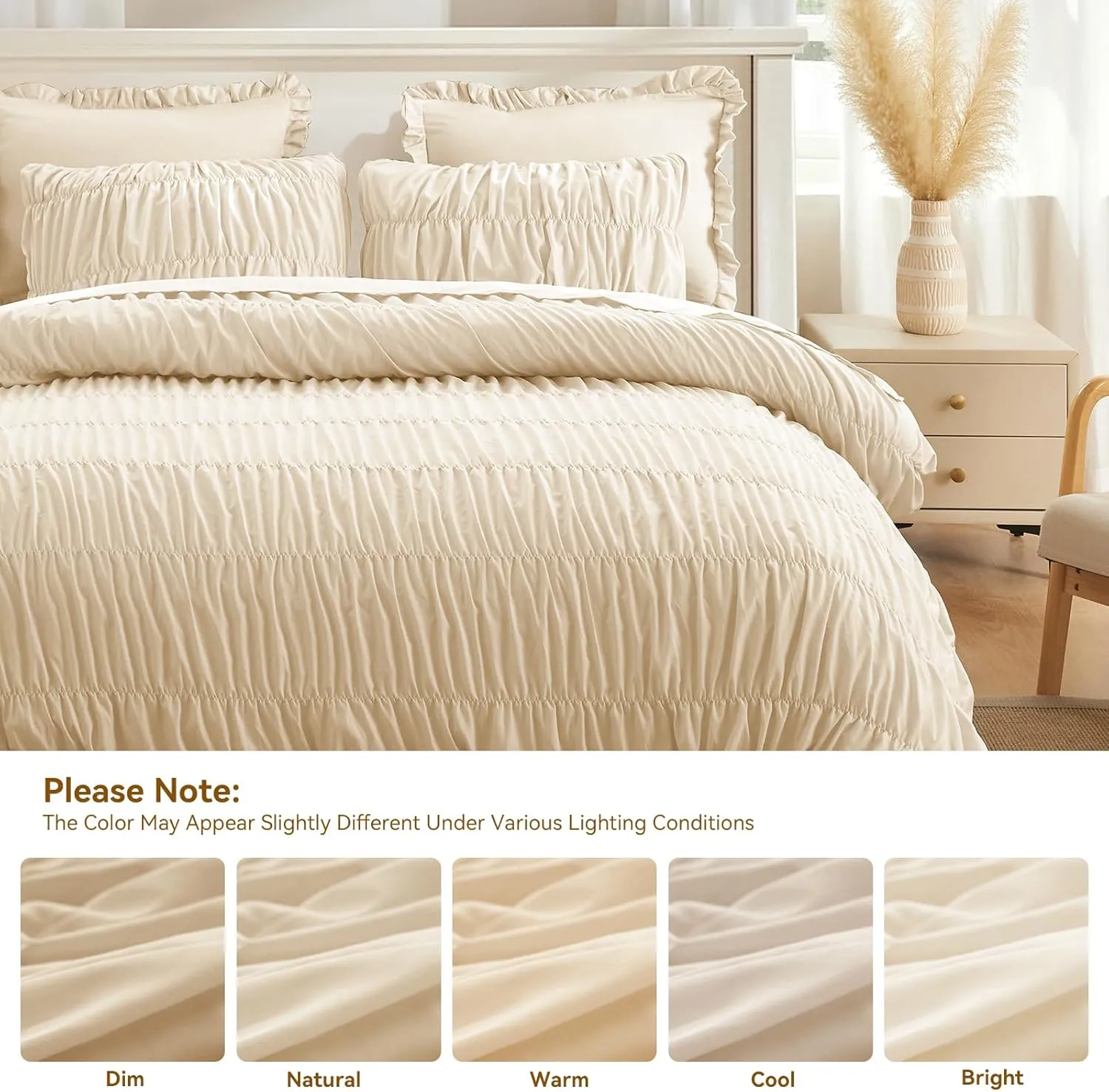 Beige Queen Comforter Set - Boho Fluffy Ruched Bedding Comforter Set with 2 Pillowcases, 3 Pieces Soft Shabby Chic Ruffle Bed Set for All Season