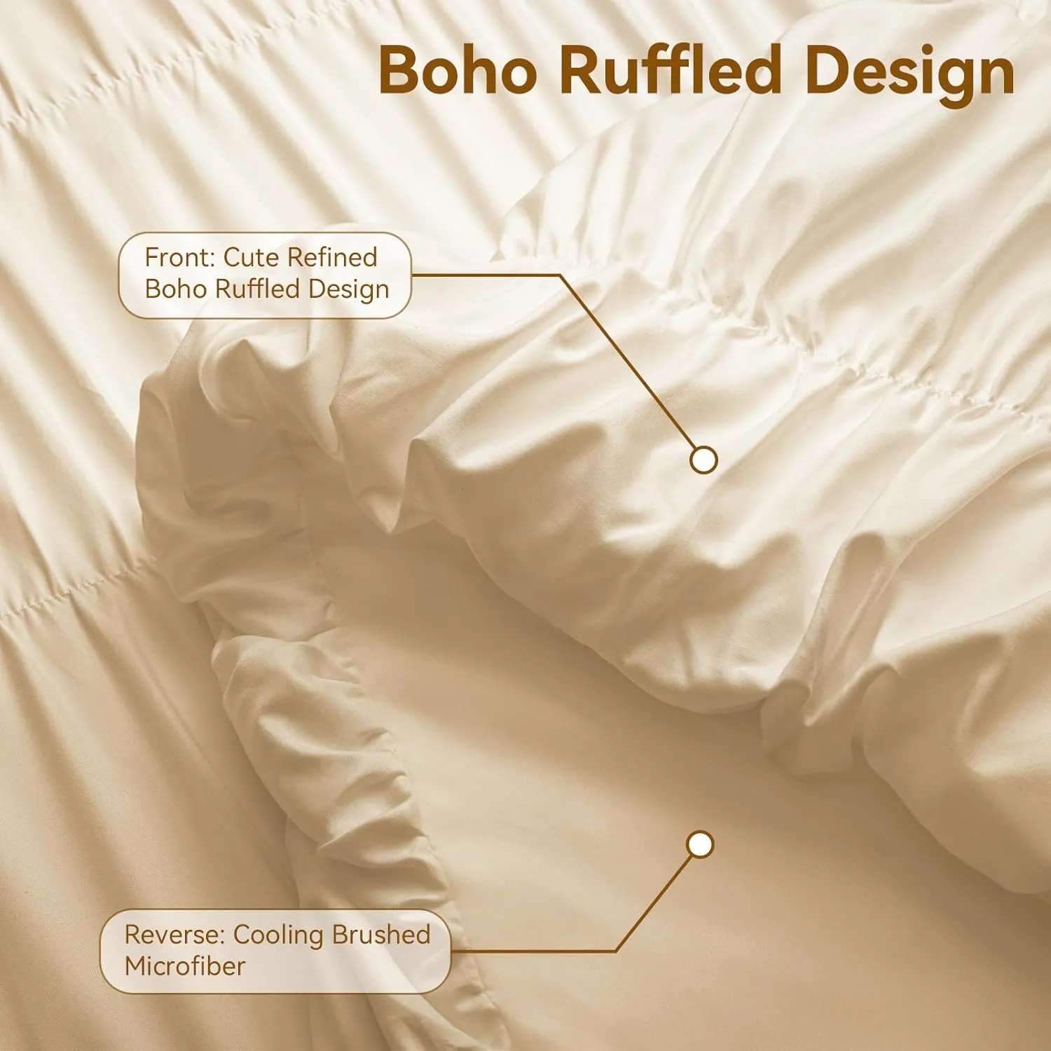 Beige Queen Comforter Set - Boho Fluffy Ruched Bedding Comforter Set with 2 Pillowcases, 3 Pieces Soft Shabby Chic Ruffle Bed Set for All Season