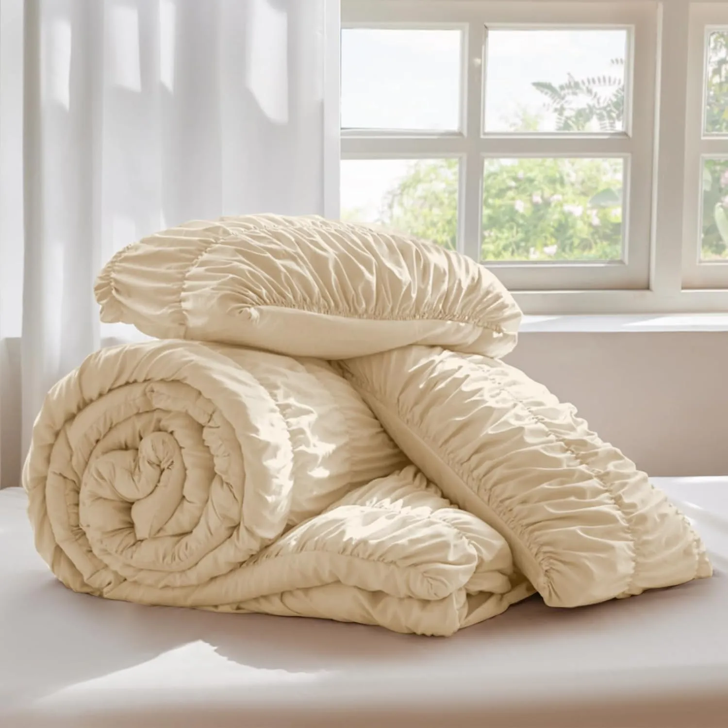 Beige Queen Comforter Set - Boho Fluffy Ruched Bedding Comforter Set with 2 Pillowcases, 3 Pieces Soft Shabby Chic Ruffle Bed Set for All Season