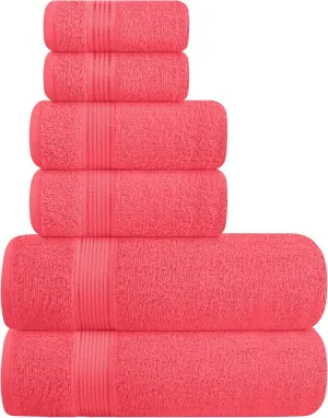 Belizzi Home Ultra Soft 6 Pack Cotton Towel Set, Contains 2 Bath Towels 28x55 inch, 2 Hand Towels 16x24 inch & 2 Wash Coths 12x12 inch, Ideal for Everyday use, Compact & Lightweight - Coral Orange