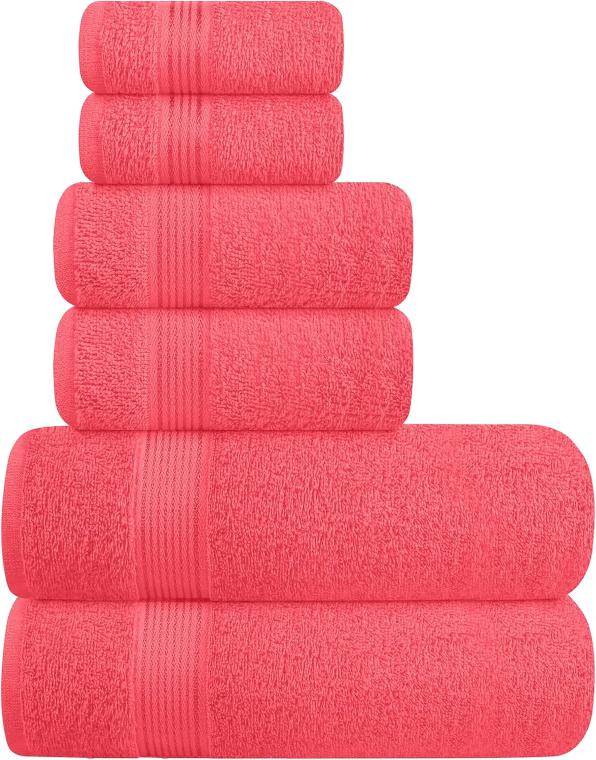 Belizzi Home Ultra Soft 6 Pack Cotton Towel Set, Contains 2 Bath Towels 28x55 inch, 2 Hand Towels 16x24 inch & 2 Wash Coths 12x12 inch, Ideal for Everyday use, Compact & Lightweight - Coral Orange