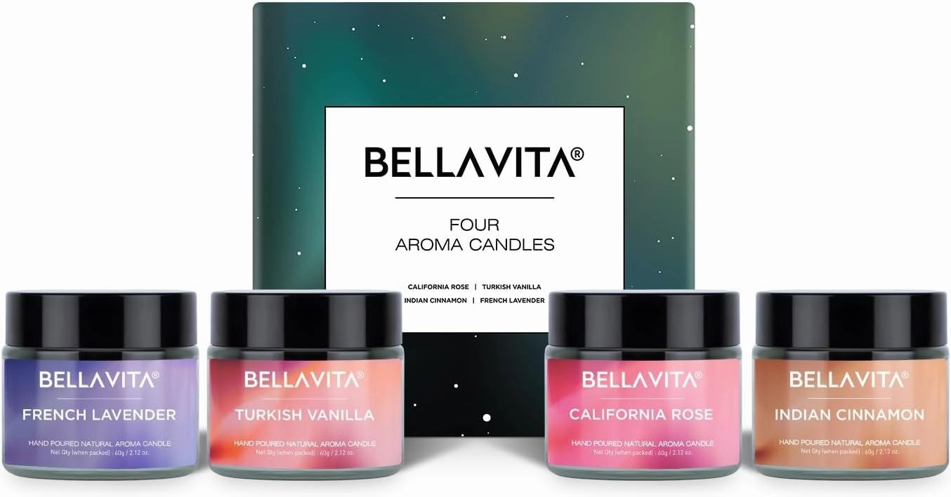 Bella Vita Organic Fall Decor Candles Set | Turkish Vanilla, French Lavender, Indian Cinnamon & California Rose | Wax Melts | Long Lasting, Home Decor, Wax Warmer | Candle Set (Set of 4)