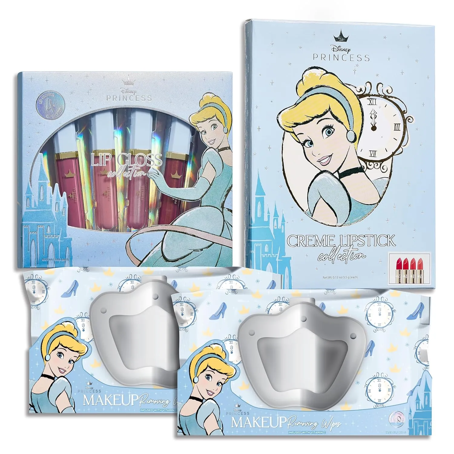 Belle Maison Disney Cosmetic Makeup Set, Makeup Essential Collection, Princess Cinderella - Includes 4pc Lip Gloss, 4pc Lipstick, 60ct Facial Cleansing Wipes (2pk)