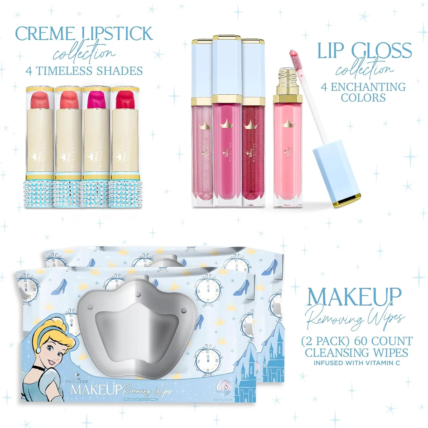 Belle Maison Disney Cosmetic Makeup Set, Makeup Essential Collection, Princess Cinderella - Includes 4pc Lip Gloss, 4pc Lipstick, 60ct Facial Cleansing Wipes (2pk)