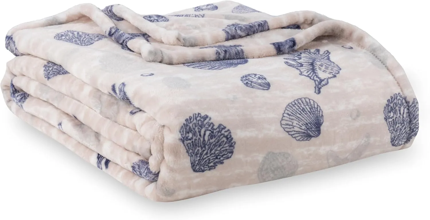 Berkshire Blanket-Classic Heavyweight Soft Printed VelvetLoft® Plush Blanket, Full/Queen Size Soft Fuzzy Warm Blanket for Couch Sofa Bed, Classic Shells Navy, 90in x 90in
