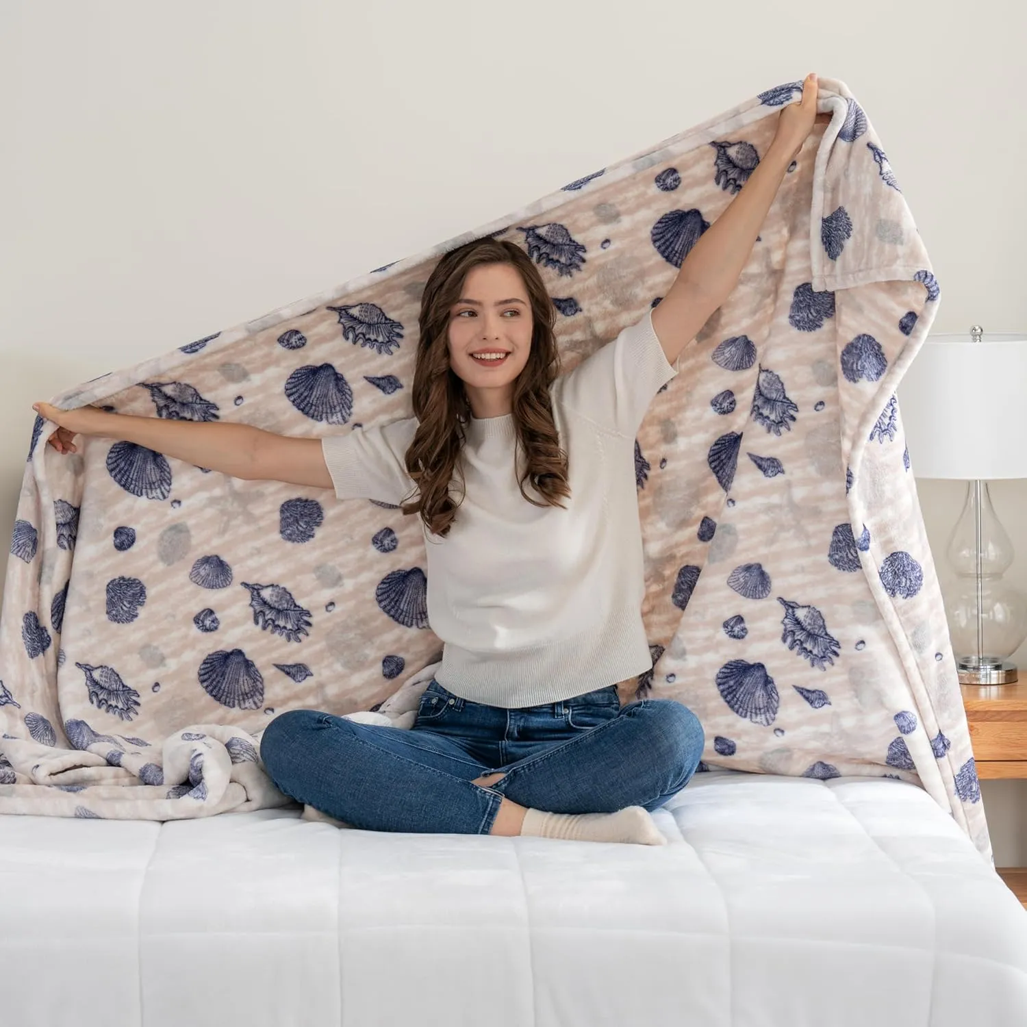 Berkshire Blanket-Classic Heavyweight Soft Printed VelvetLoft® Plush Blanket, Full/Queen Size Soft Fuzzy Warm Blanket for Couch Sofa Bed, Classic Shells Navy, 90in x 90in