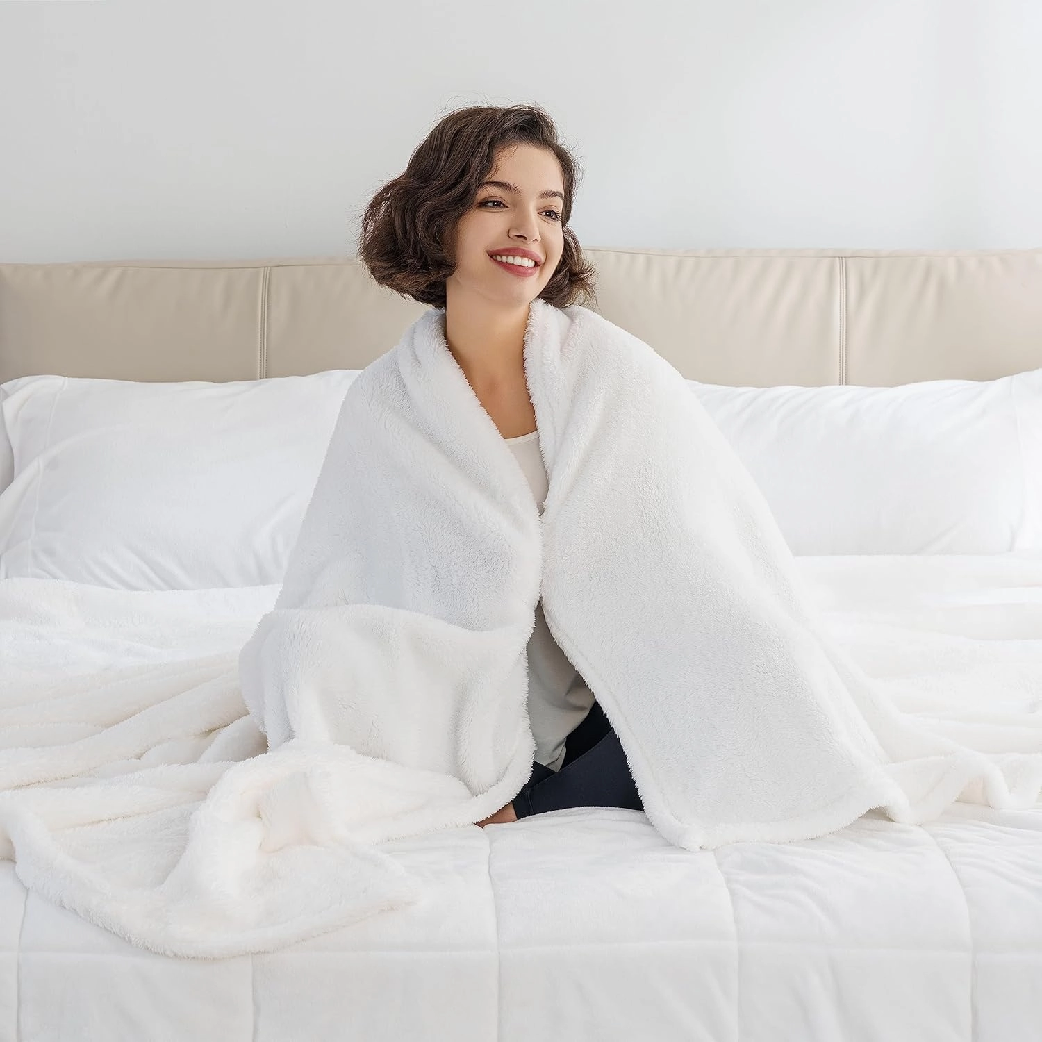 Berkshire Blanket Classic Extra-Fluffy™ Plush Blanket, Queen Size Bed Blanket, Soft Fuzzy Fluffy Long Hair Blanket for Couch Sofa Bed, True White, 90x90 Inches
